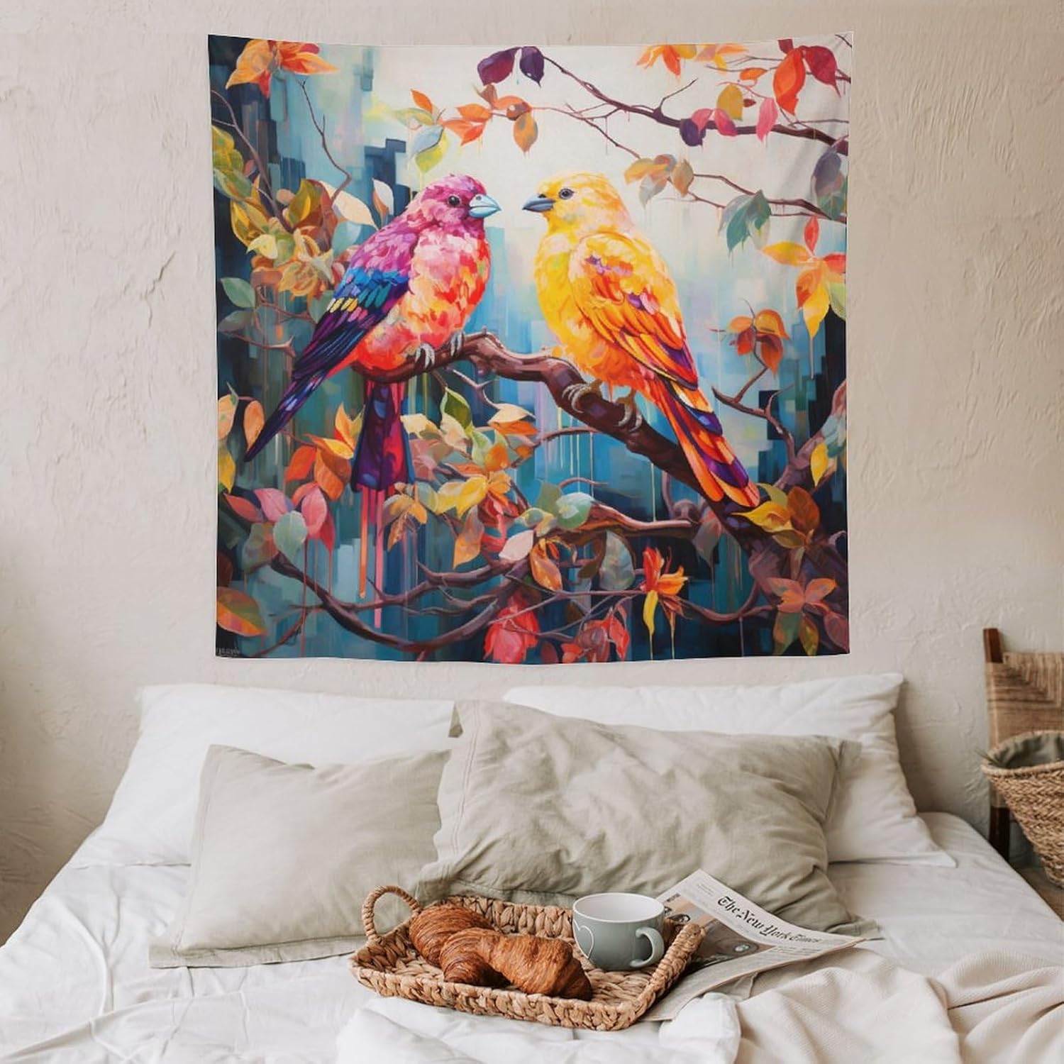 Tapiz de pájaros coloridos sentados en una rama de árbol colorido, tapiz artístico para dormitorio, estético, colorido pájaro volador, tapiz