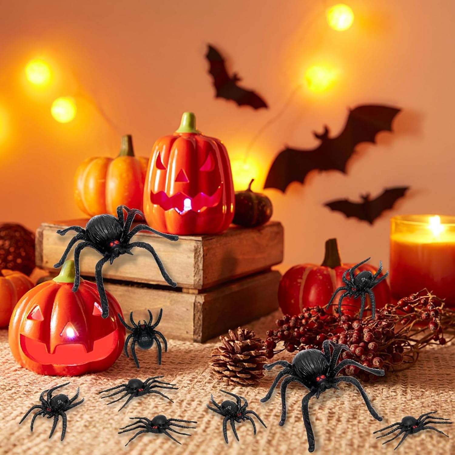 50 arañas de plástico para Halloween, arañas falsas de tres tamaños, broma de Halloween, juguetes de broma para decoraciones de Halloween