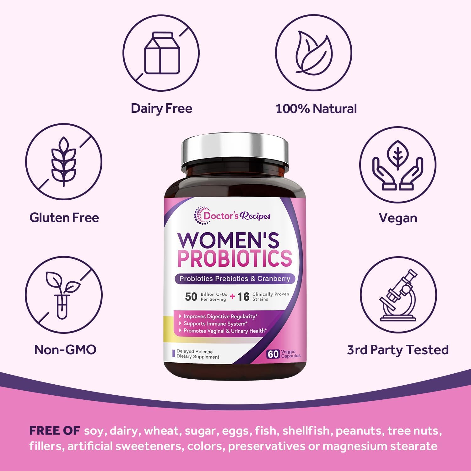 Doctor’s Recipes Probióticos para mujeres, 50 mil millones de UFC, 16 cepas, con prebióticos orgánicos de arándano, estable en el almacenamiento,