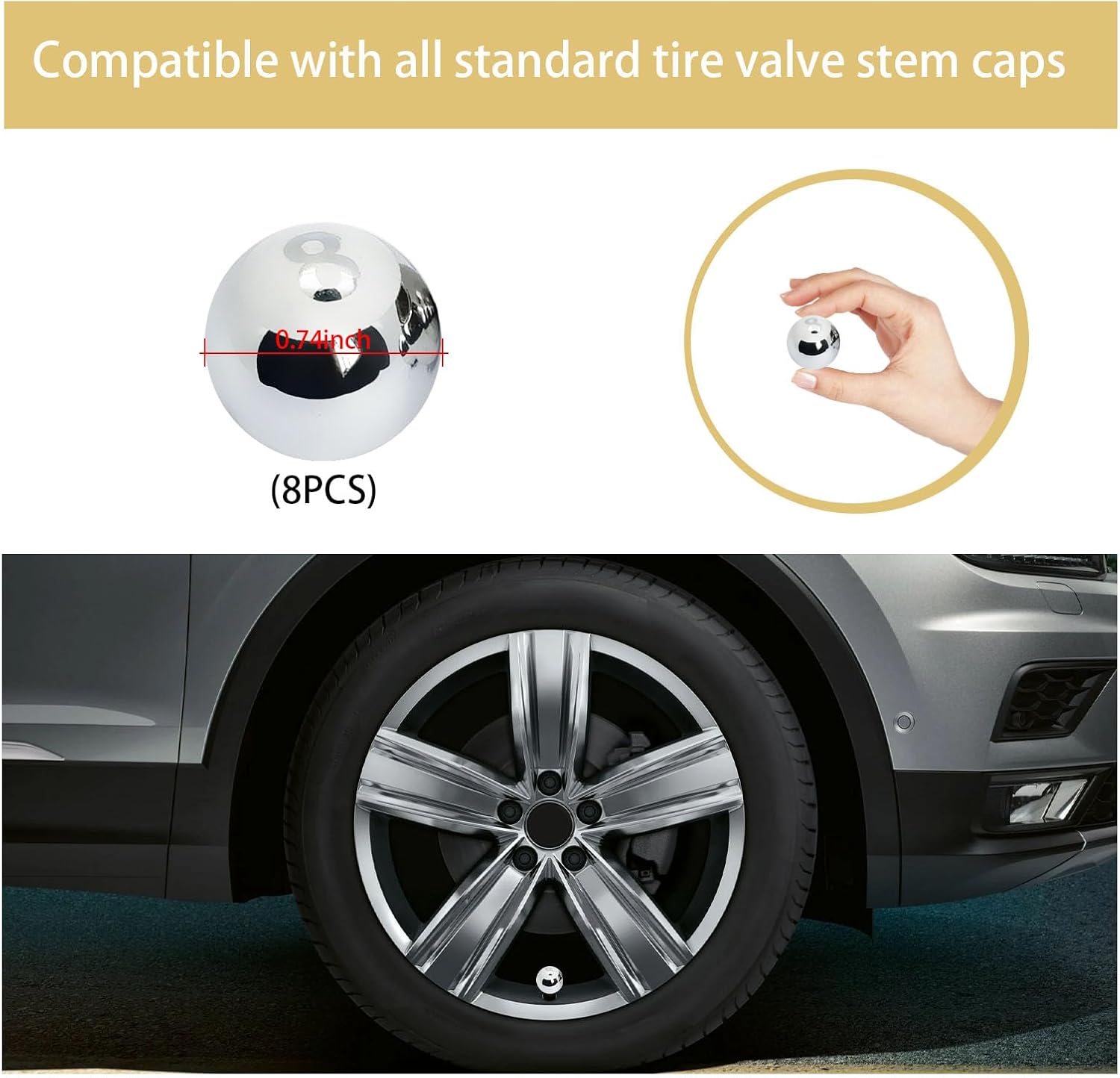 Augeny 8 tapas para válvulas de neumáticos de automóvil, cubiertas de vástago de válvula de rueda de bola de 8 bolas con anillo de goma, tapas