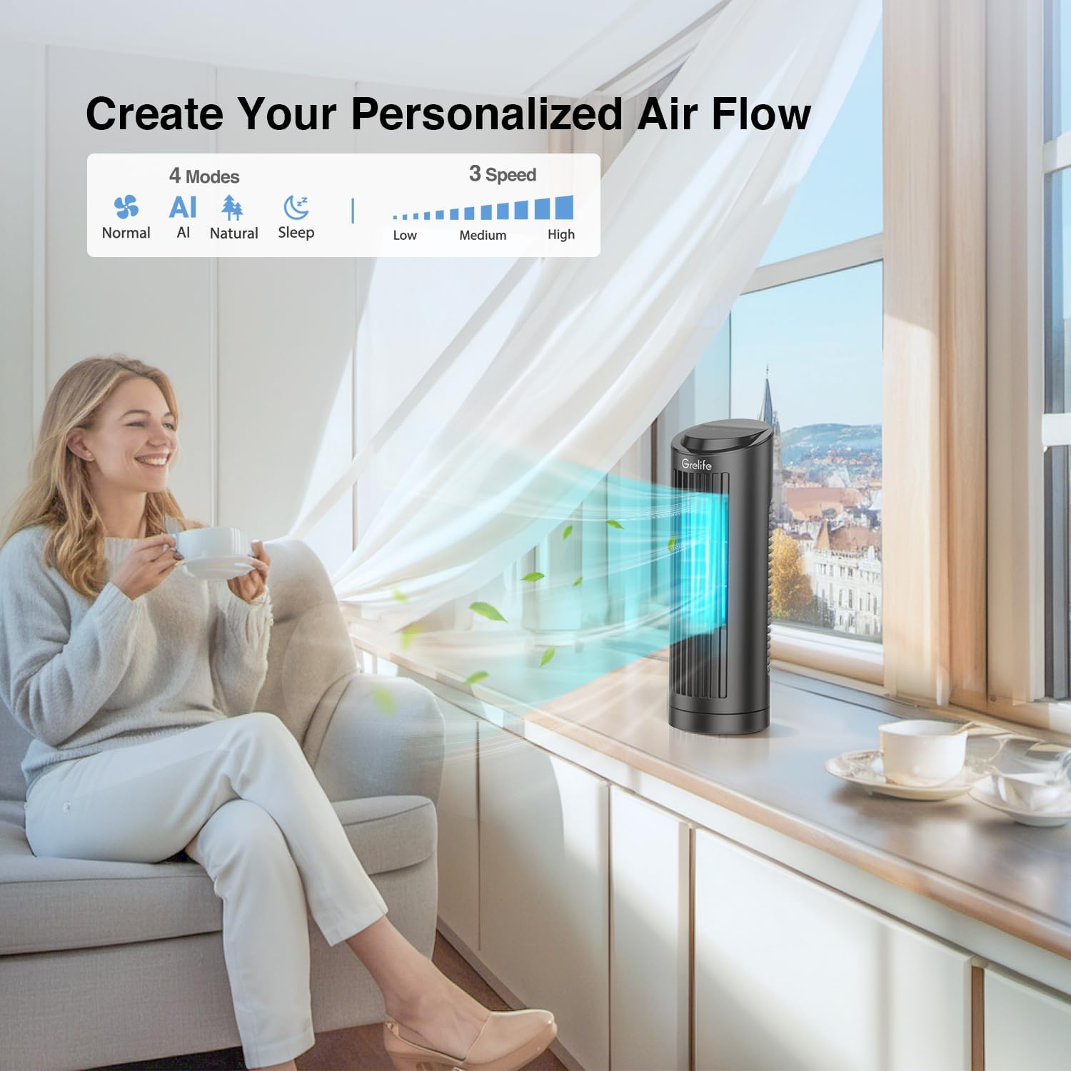 Grelife Ventilador de torre de 13 pulgadas, ventilador de escritorio sin aspas con oscilación de 70, 3 velocidades, 4 modos de viento, pantalla