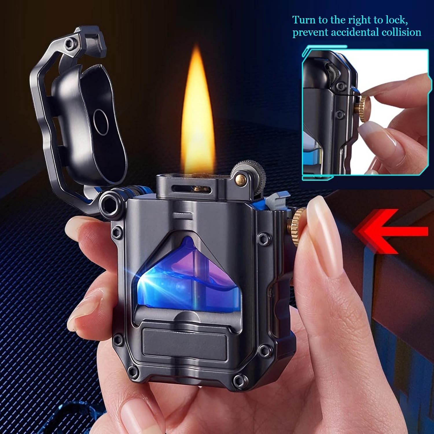 Encendedor de trinchera con luz LED azul, encendedor mecánico transparente novedoso, regalos únicos para hombres (negro)