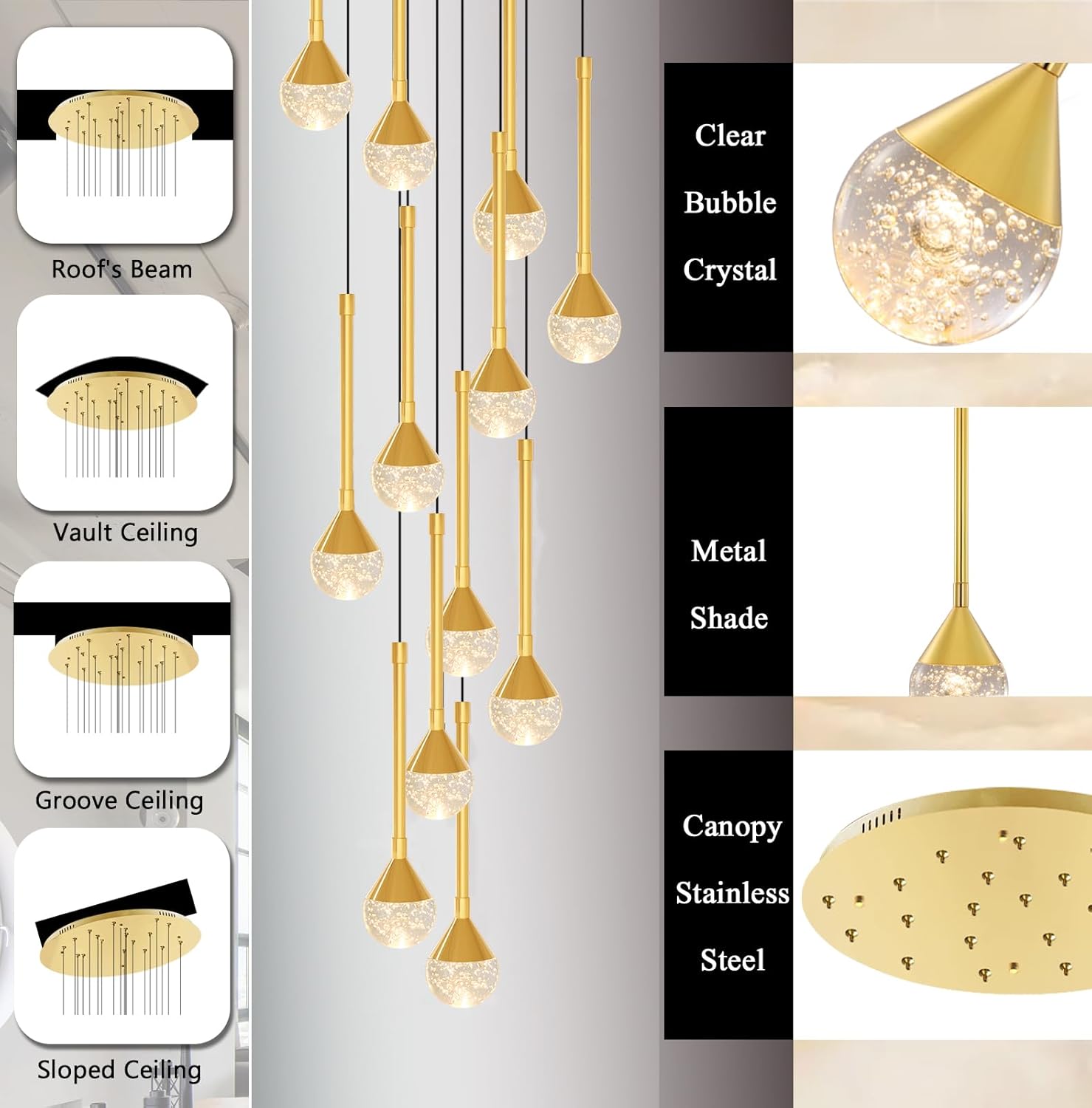 Candelabros de 16 luces para sala de estar de 137 pulgadas, luces LED de techo alto, lámpara de entrada, colgantes de cristal, lámparas de techo
