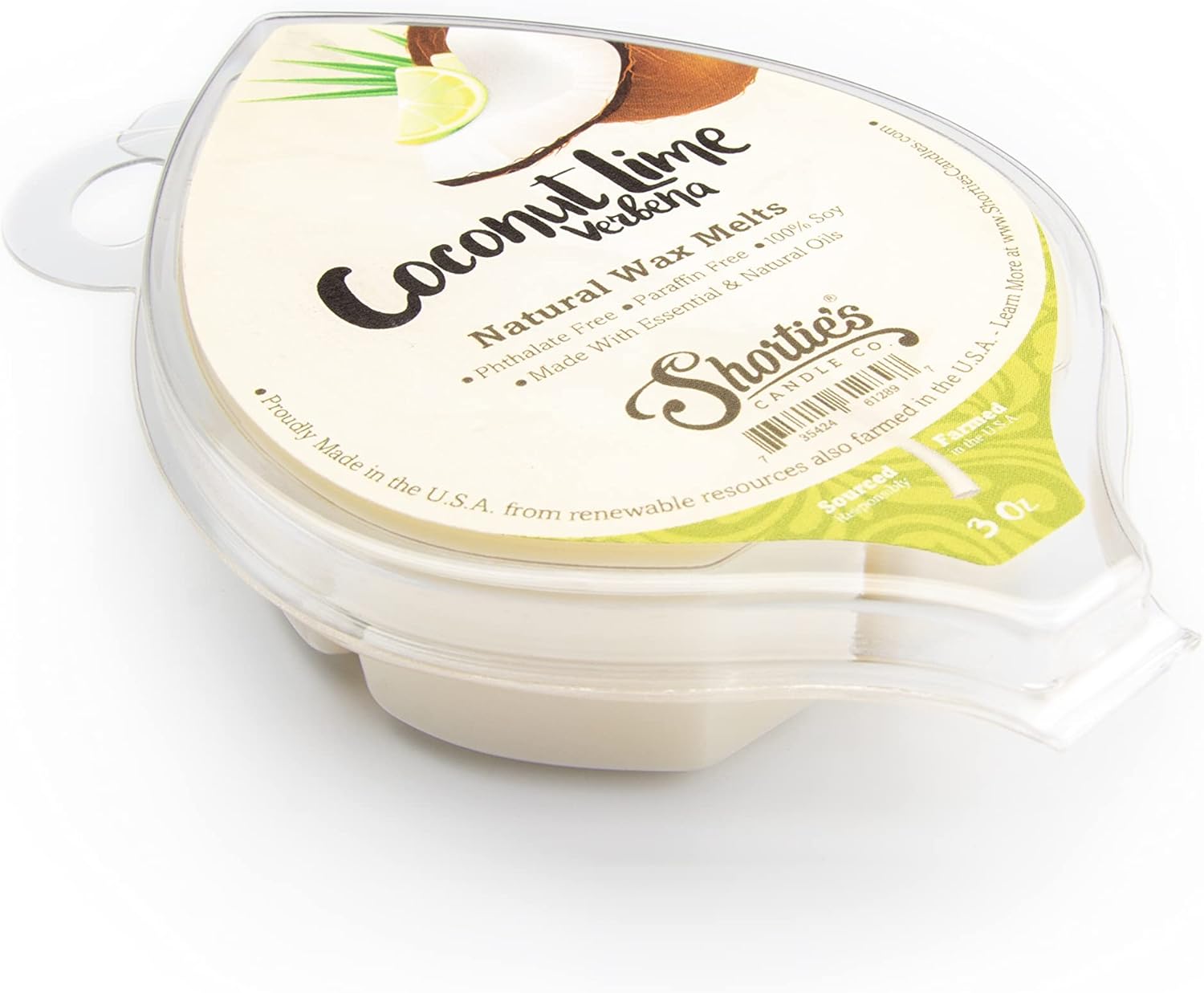 Shortie’s Candle Company Coconut Lime Verbena – Cera de soja natural para derretir  1 barra altamente perfumada de 3 onzas  Fabricado con 100% soja