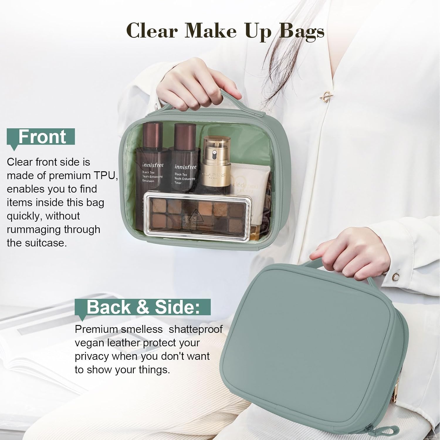Hibagg Neceser de viaje, Verde grisáceo, Transparente
