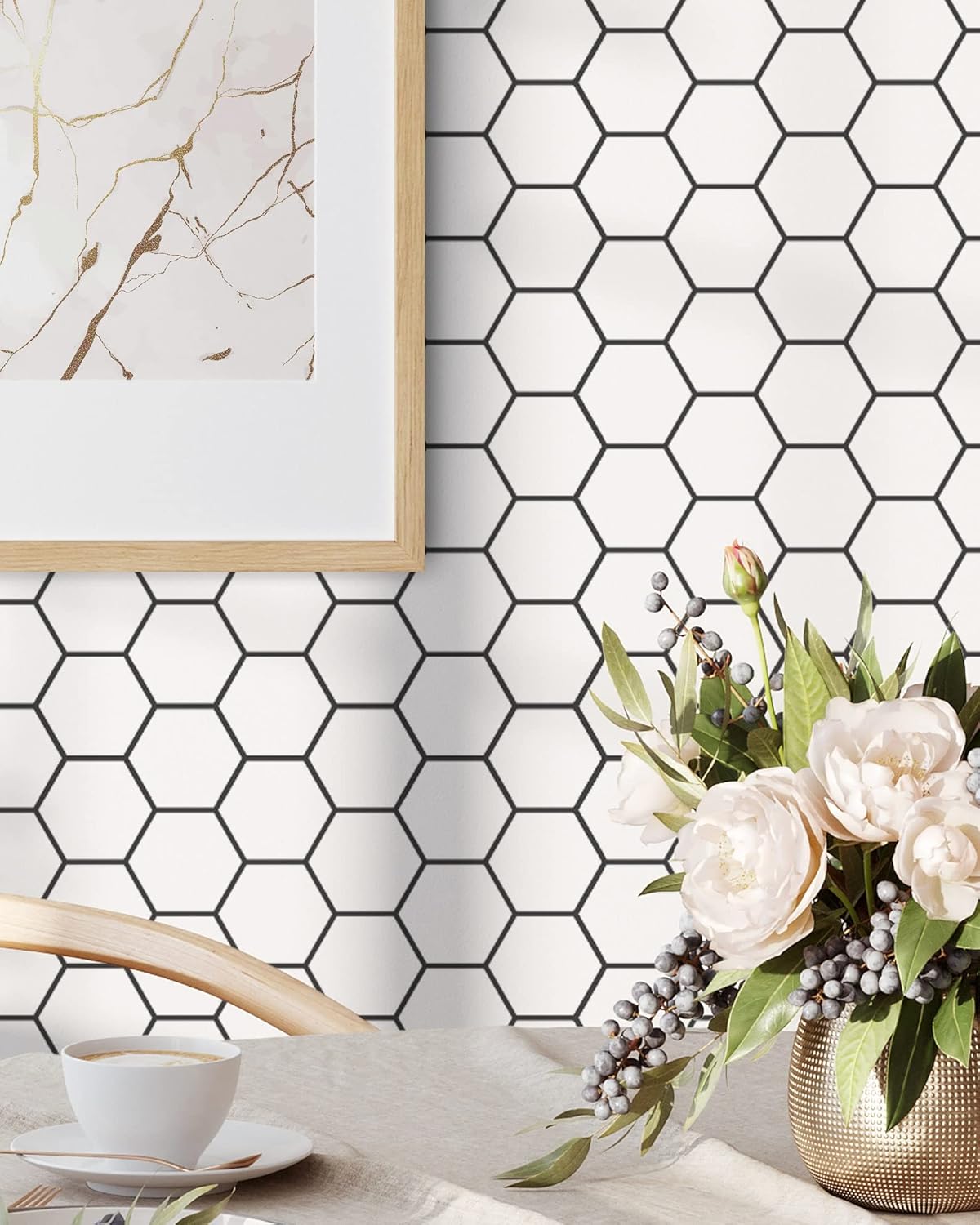 Coloritto Papel tapiz hexagonal  Papel tapiz autoadhesivo extraíble de azulejos blancos y negros  Papel tapiz geométrico para despegar y pegar (1