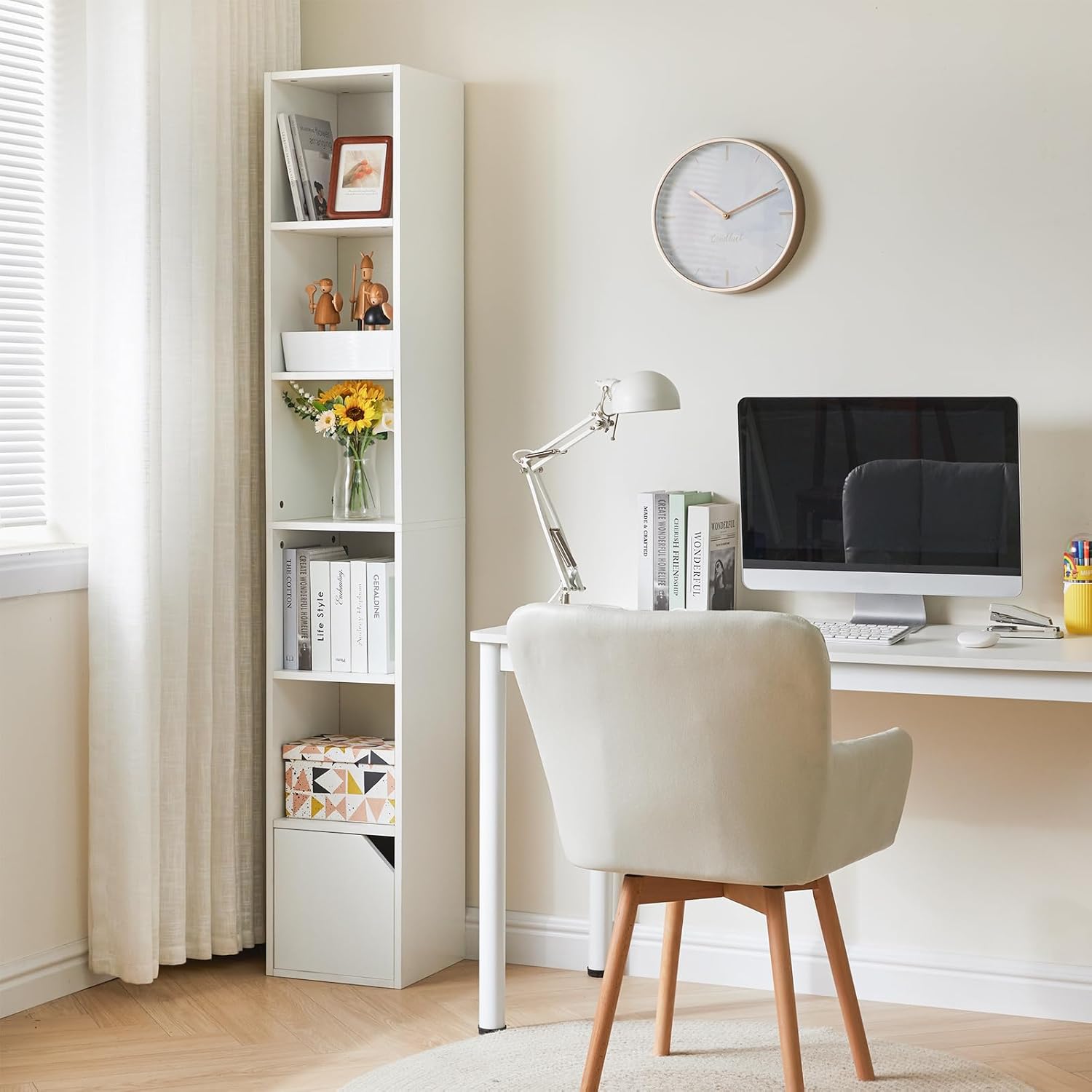 IBUYKE Estantería estrecha de 6 niveles de altura, moderna estantería de esquina blanca con almacenamiento de puertas, estante de torre multimedia,