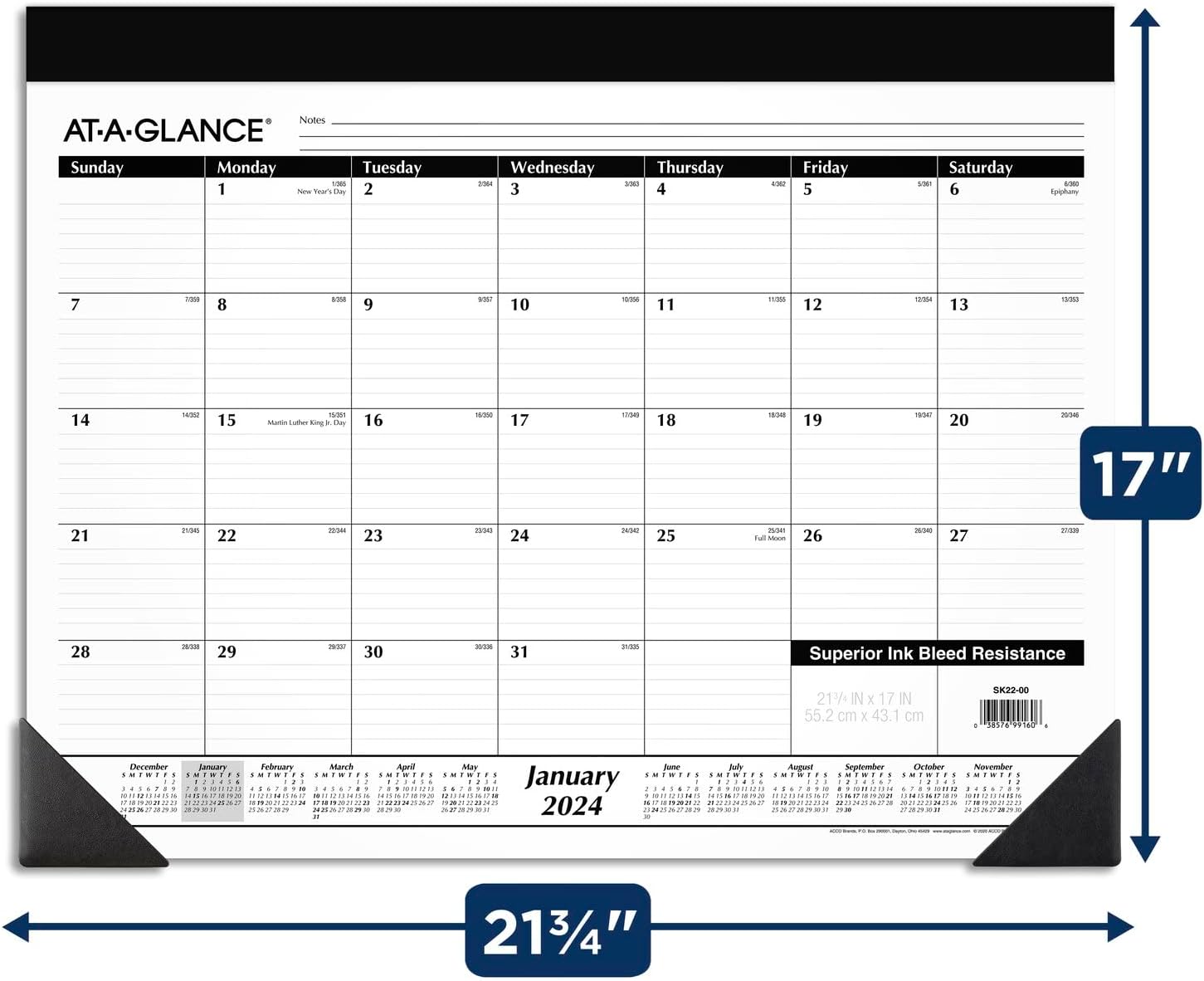 AT-A-GLANCE Calendario de escritorio 2024, almohadilla de escritorio mensual, 21-34 x 17 pulgadas, estándar (SK220024)