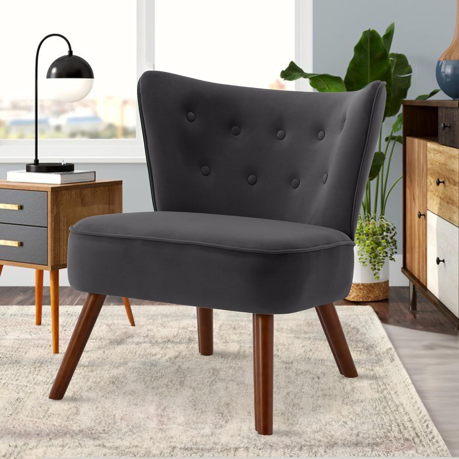 Silla decorativa de terciopelo moderna de mediados de siglo, silla de sala de estar sin brazos con patas de madera, silla de club con respaldo