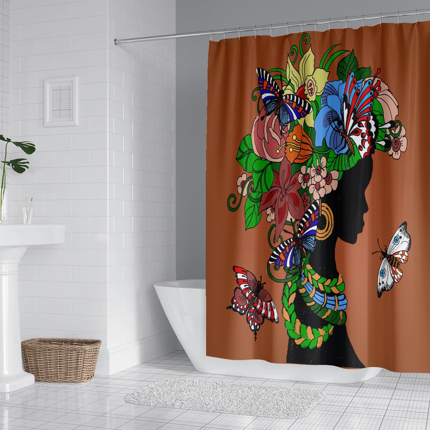 Cortina de ducha de mujer africana, cortinas de ducha de niña negra afroamericana, divertidas, juego de cortinas de ducha de tela de arte negro,