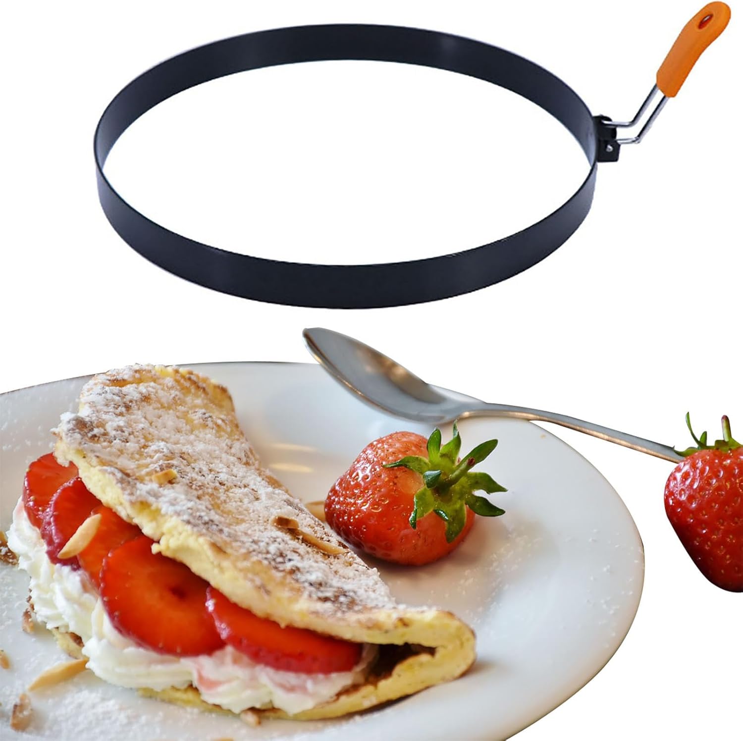 Molde para panqueques de 8 pulgadas, paquete de 2 anillos para tortitas de tortilla, antiadherentes, de acero inoxidable, redondos, con mango