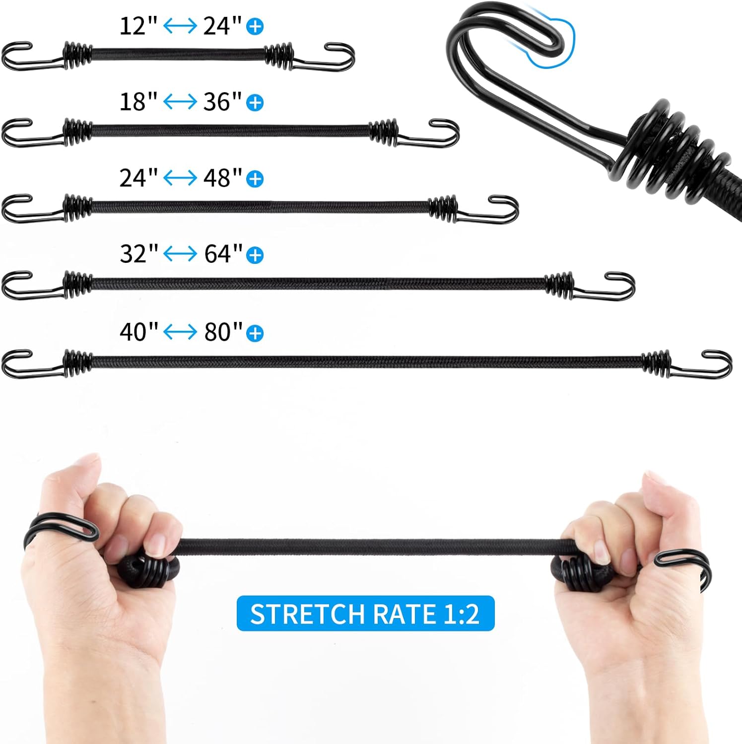 Correas elásticas dobles J de 18 pulgadas con ganchos, cuerdas elásticas negras con ganchos, resistentes al aire libre para campamento, carpas,
