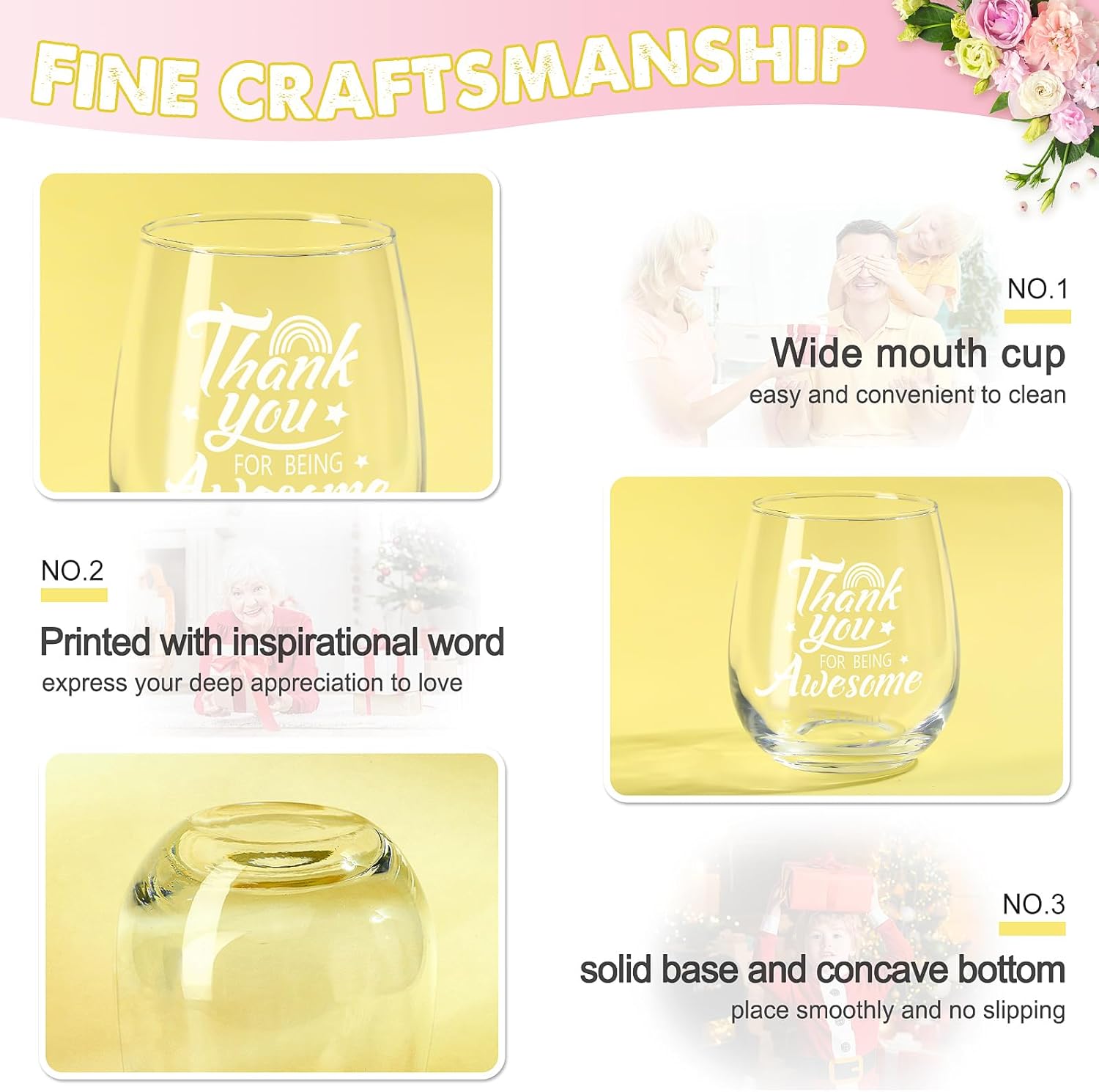 Tioncy 6 copas de vino inspiradoras sin tallo de 12 onzas, regalos de agradecimiento para mujeres, agradecimiento por ser increíble, regalo de