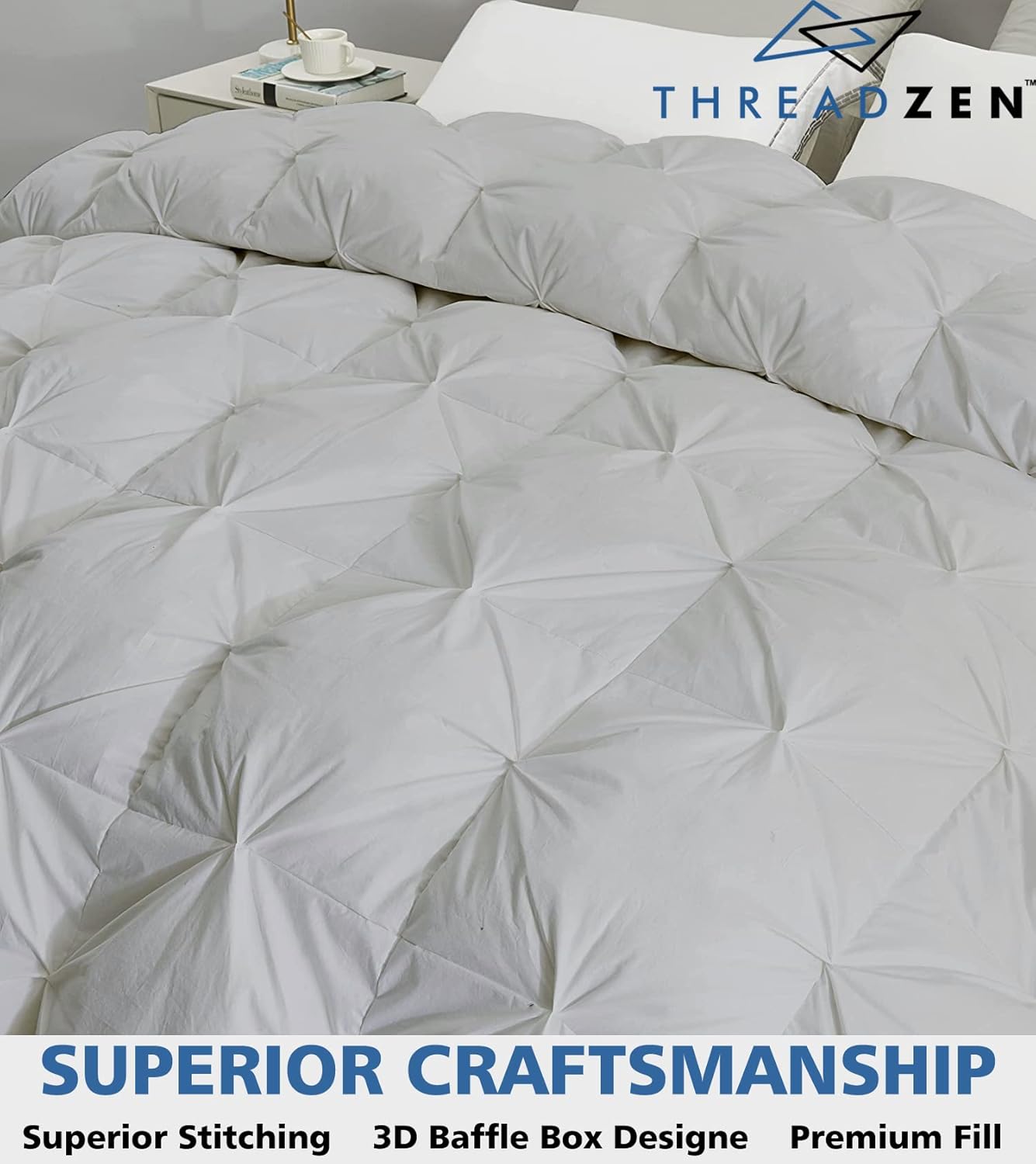 THREADZEN Edredón plisado de gran tamaño King para todas las estaciones, alternativo al plumón, tamaño extra grande, 1 pieza con 8 pestañas y
