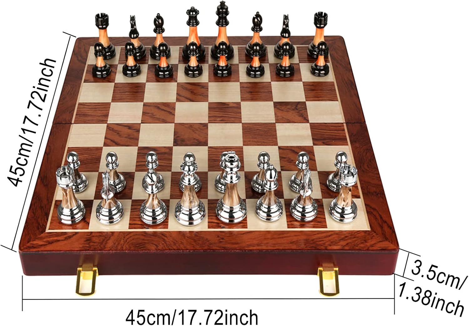 Juego de ajedrez de 17 pulgadas con tablero de ajedrez de madera plegable y piezas estándar clásicas hechas a mano piezas de ajedrez de metal