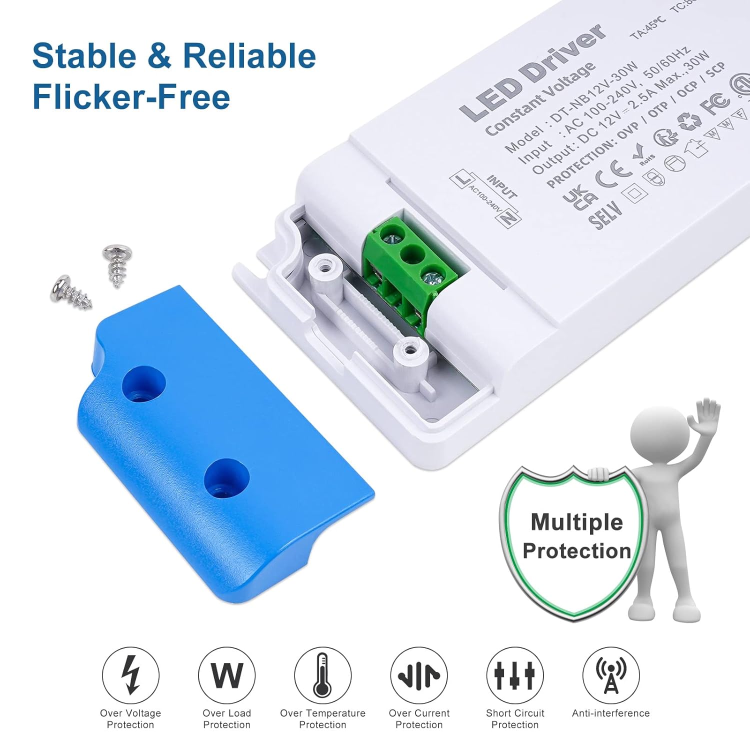 Controlador LED 12V Fuente de alimentación 30W, CA 110V 120V a 12V Transformador CC de bajo voltaje 2.5A, adaptador ultra delgado para voltaje