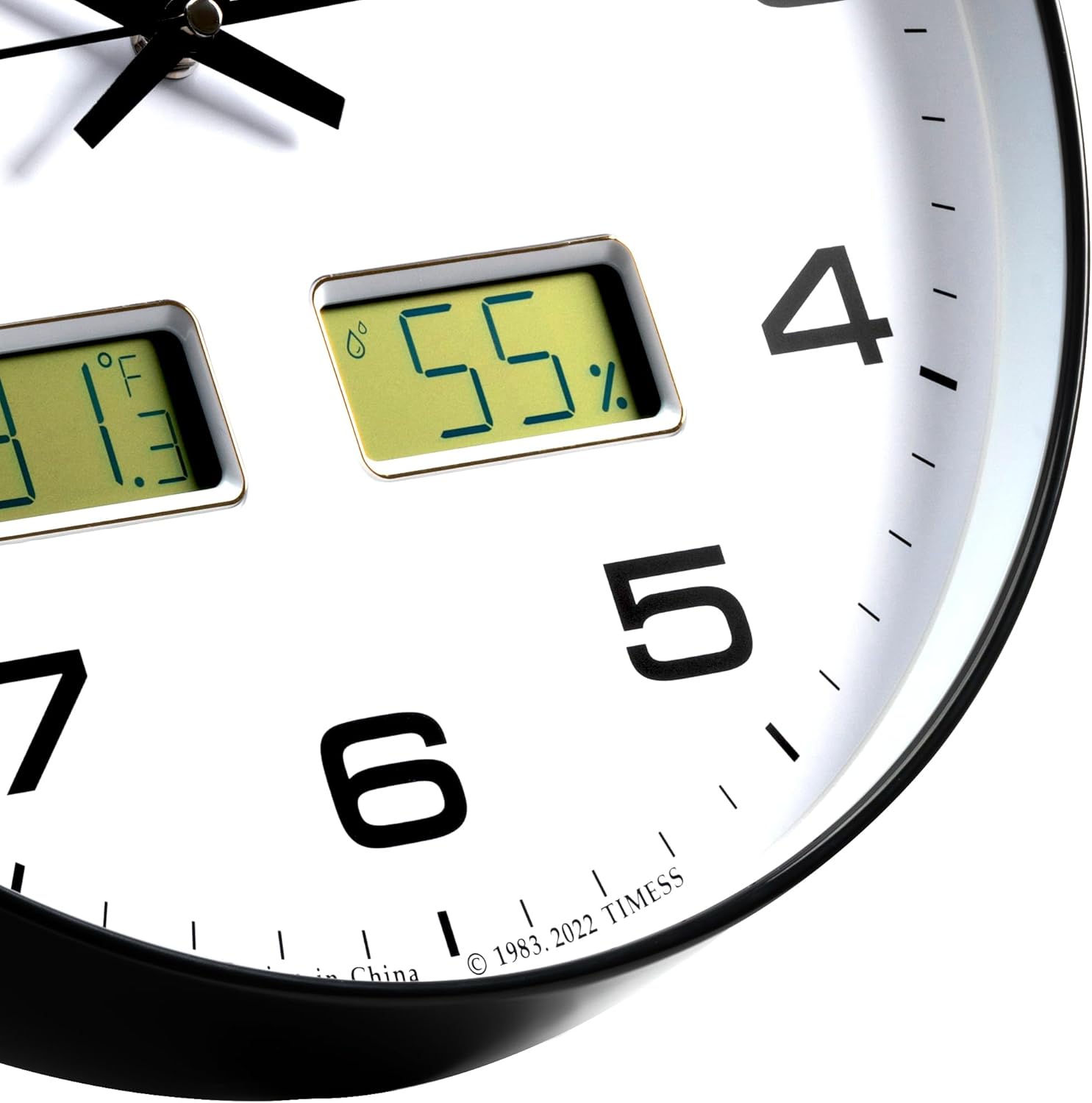 Reloj de pared, esfera grande de 14 pulgadas, silencioso, funciona con pilas, analógico con pantalla LCD dual para temperatura y humedad
