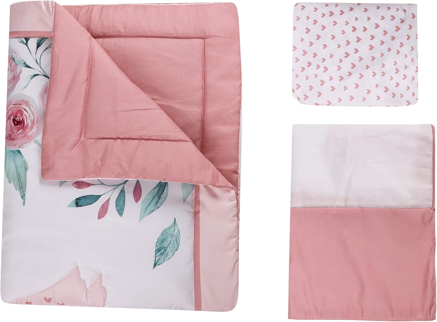 Juego de ropa de cama de 4 piezas para cuna de cisne rosa rosa con temática de cisne floral, 1 edredón, 1 falda, 1 sábana bajera, 1 cenefa de