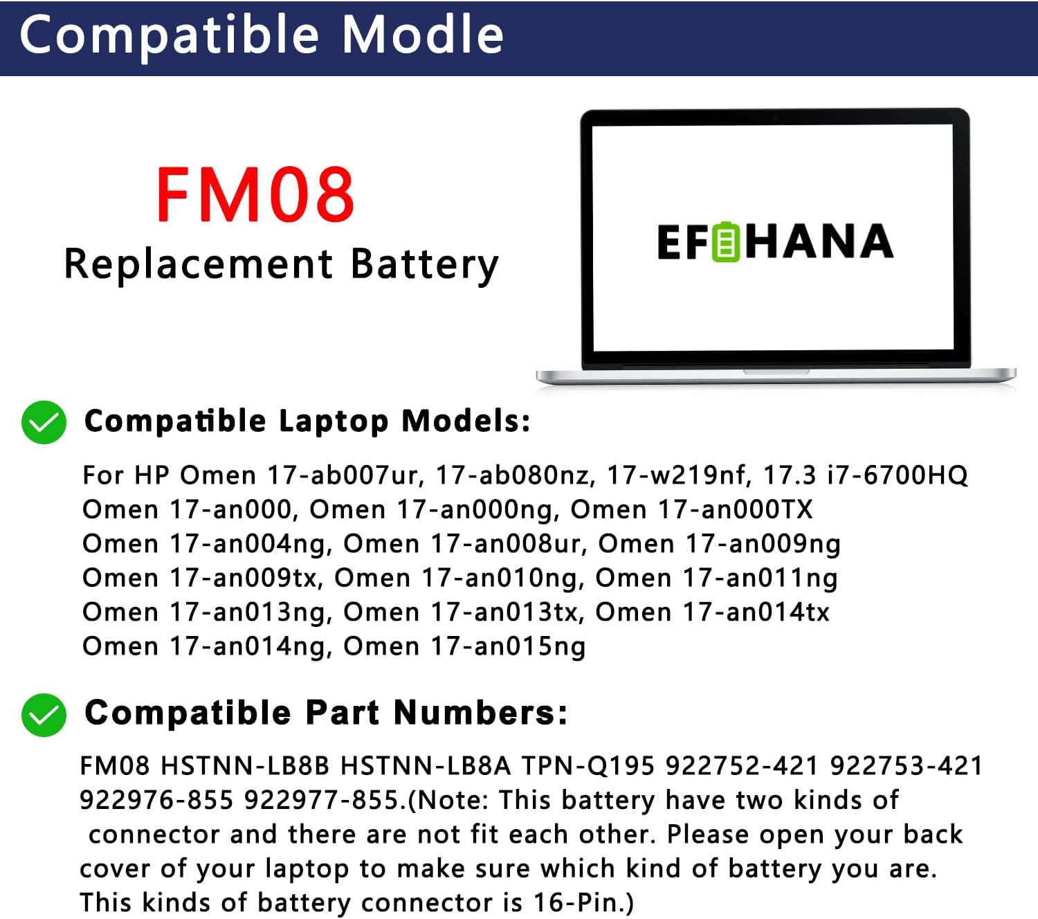 FM08 HSTNN-LB8B – Batería de repuesto para laptop HP Omen 17-AN013TX 17-AN014TX 17-AN014NG 17-an008ur Series TPN-Q195 922752-421 922753-421