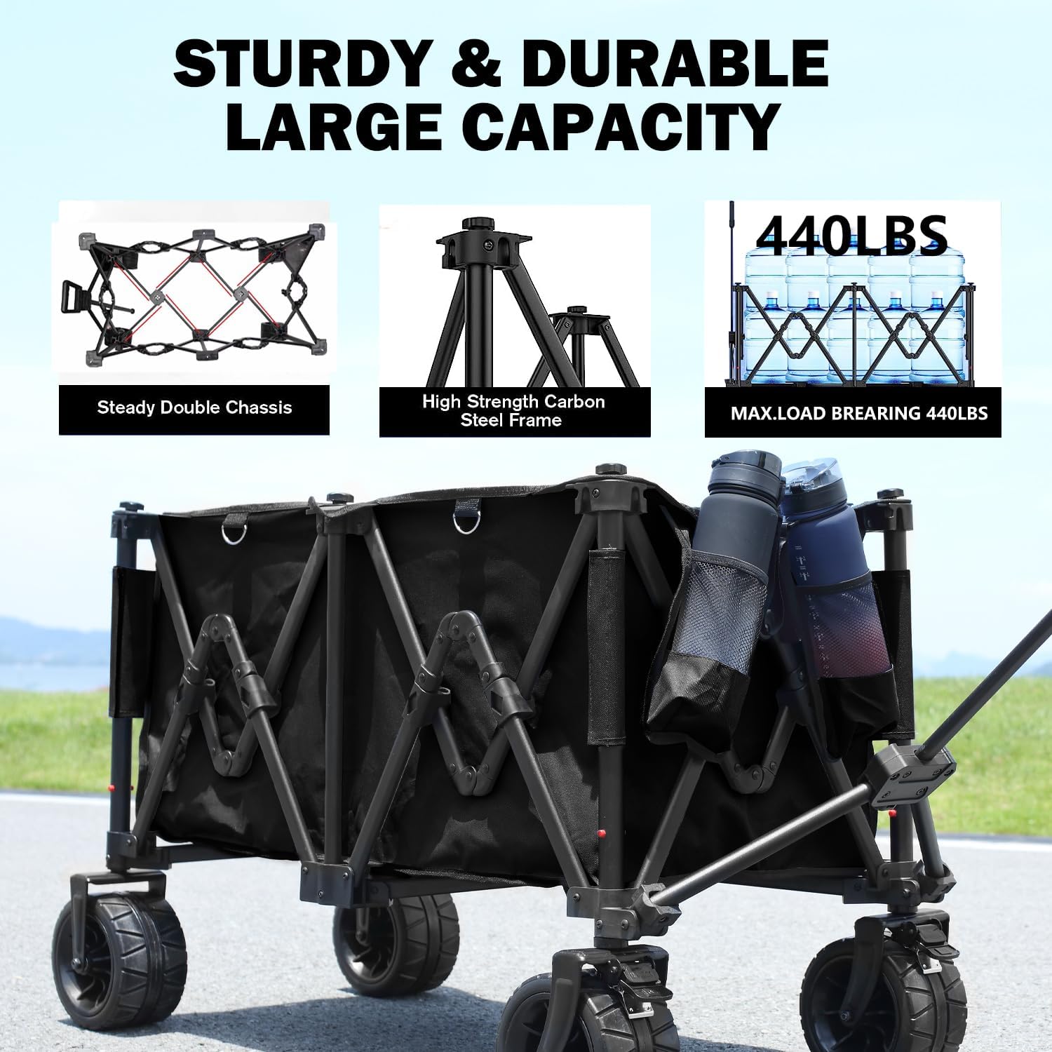 OMNISAFE Carrito plegable para exteriores, 150 L grande y capacidad de carga de 400 libras, carrito de jardín plegable resistente con bolsillos