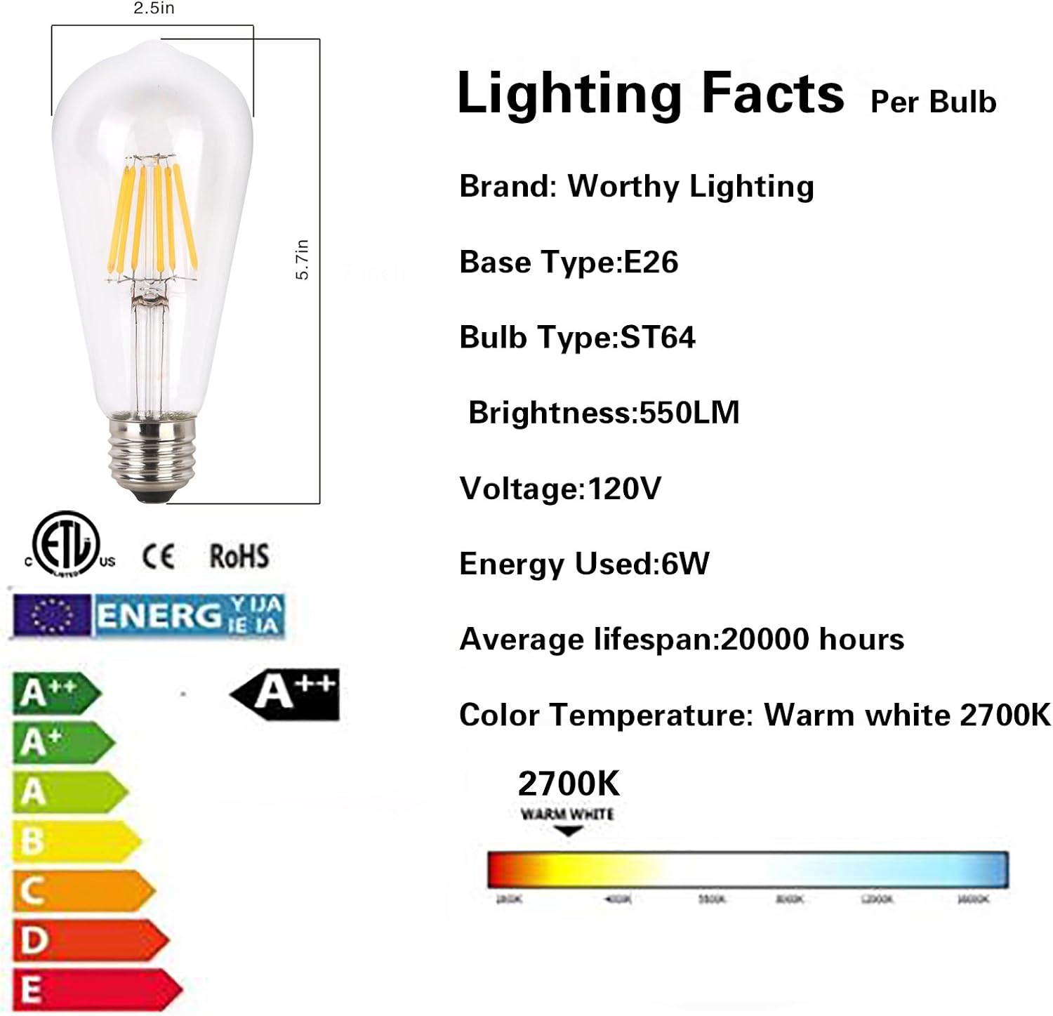 ZYCYLIGHT Bombilla LED regulable, bombilla LED Edison de 6 W, equivalente a incandescente de 60 vatios, bombilla de filamento LED vintage de 6 W,