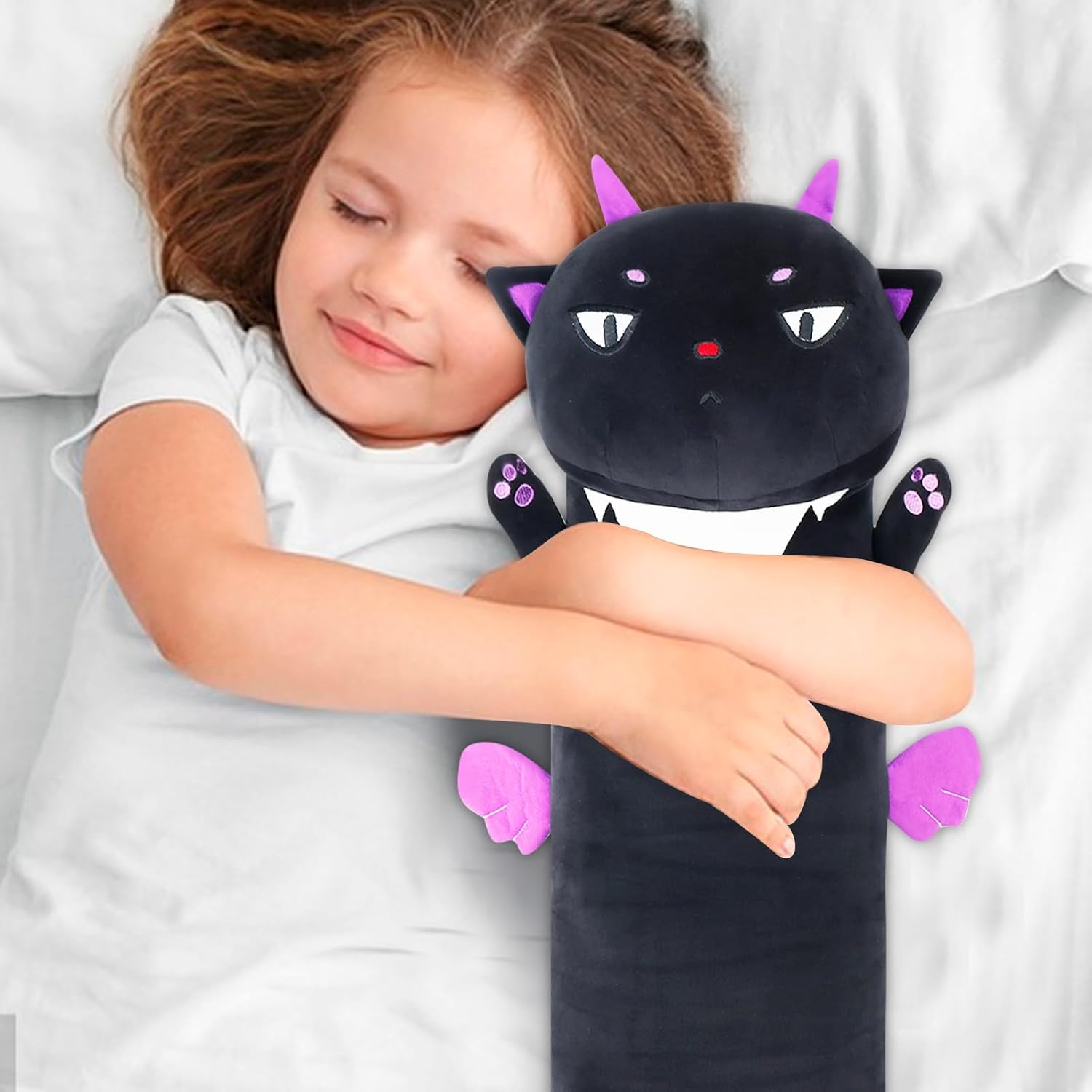 Almohada larga de peluche de gato negro, 27.6 pulgadas, lindos animales de peluche suaves, almohada de felpa de gatito, juguete de regalo para el