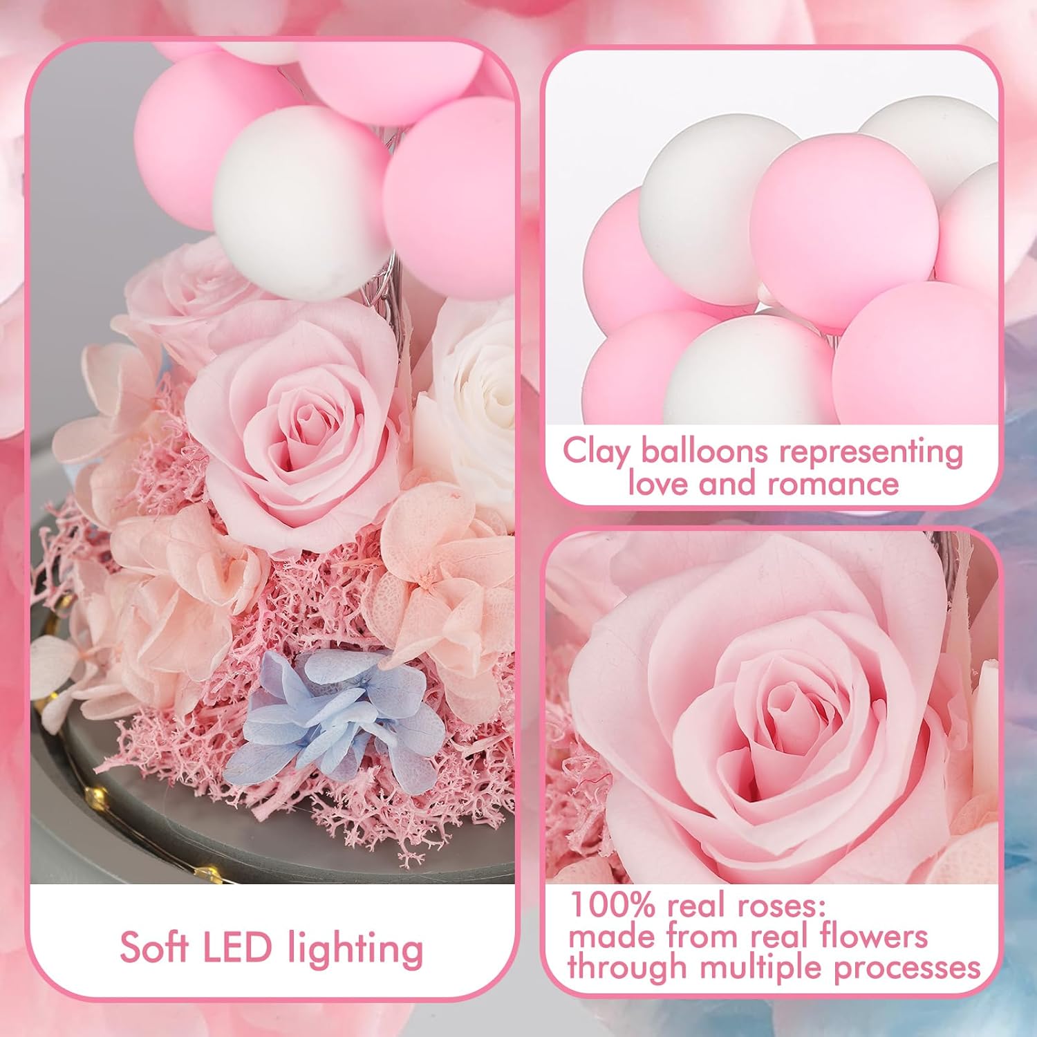 Rosa 100% real en cúpula de cristal, flores preservadas con luz LED, flor eterna con decoración de globos de arcilla, para cumpleaños, aniversario,