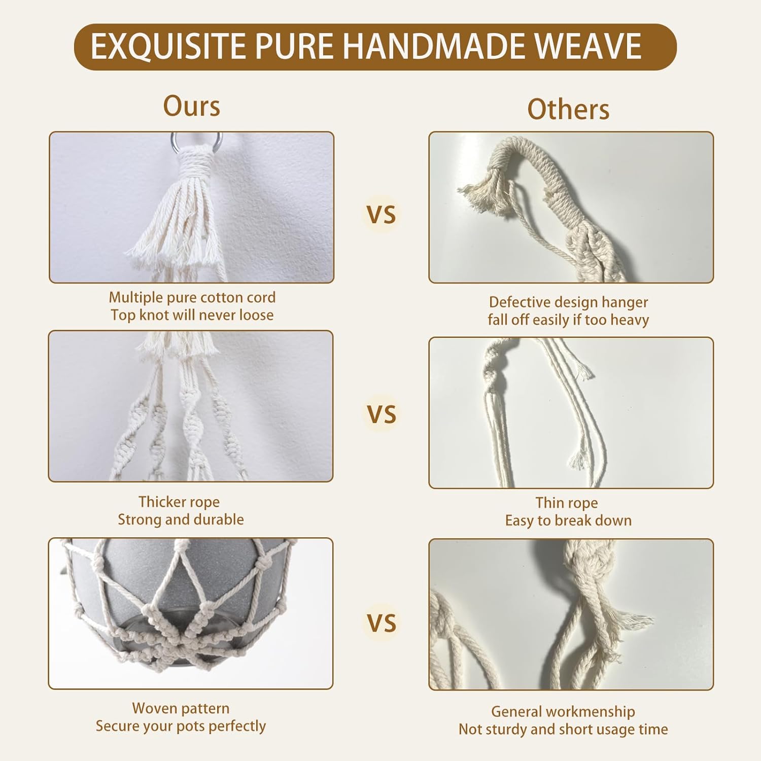 Artilady Colgador de macramé para plantas, maceta colgante grande para plantas de interior, cuerda de algodón blanco, cesta colgante para plantas,