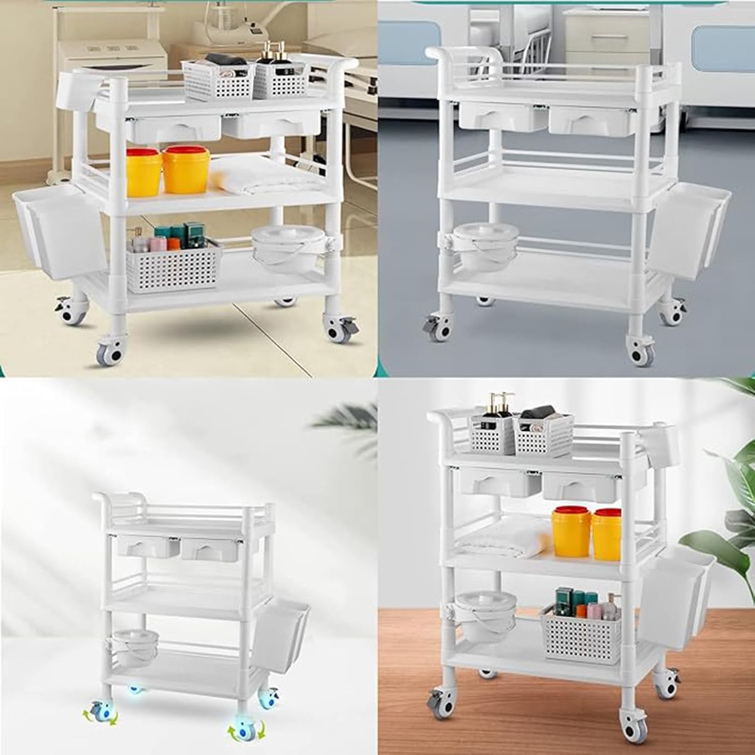 Carros médicos móviles de 3 niveles, carrito utilitario rodante de carga máxima de 330 libras, carrito de ultrasonido con ruedas, cajones, cubo de
