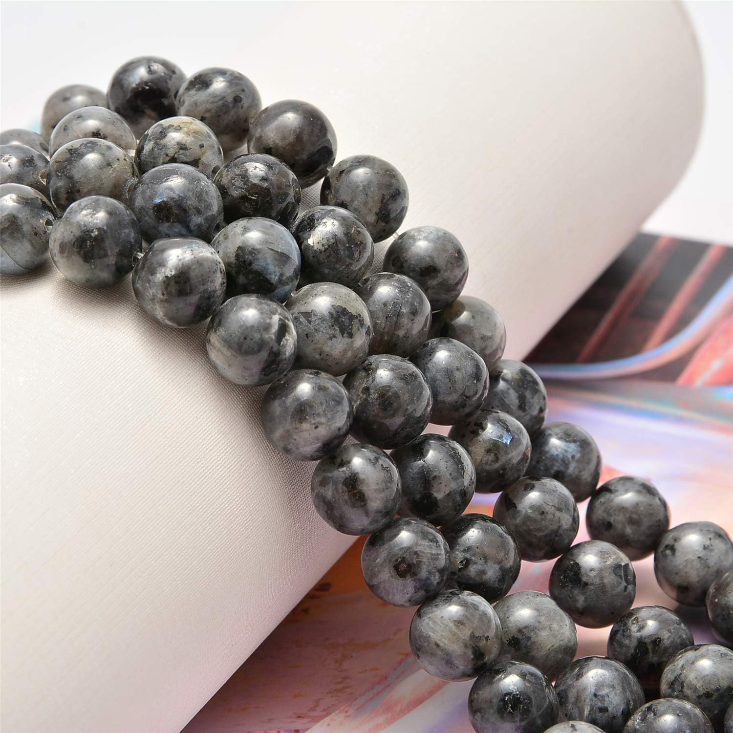 200 cuentas redondas sueltas de larvikita negra de 0.32 pulgadas (8mm), cuentas de piedra natural para joyería y manualidades