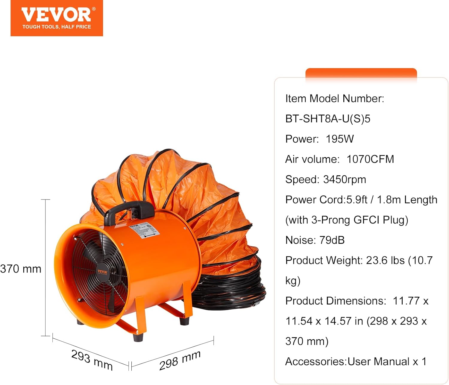 VEVOR Ventilador portátil de utilidad, ventilador axial de cilindro resistente de 8 pulgadas, 195 W, 1070 CFM, con manguera de conducto de 16.4