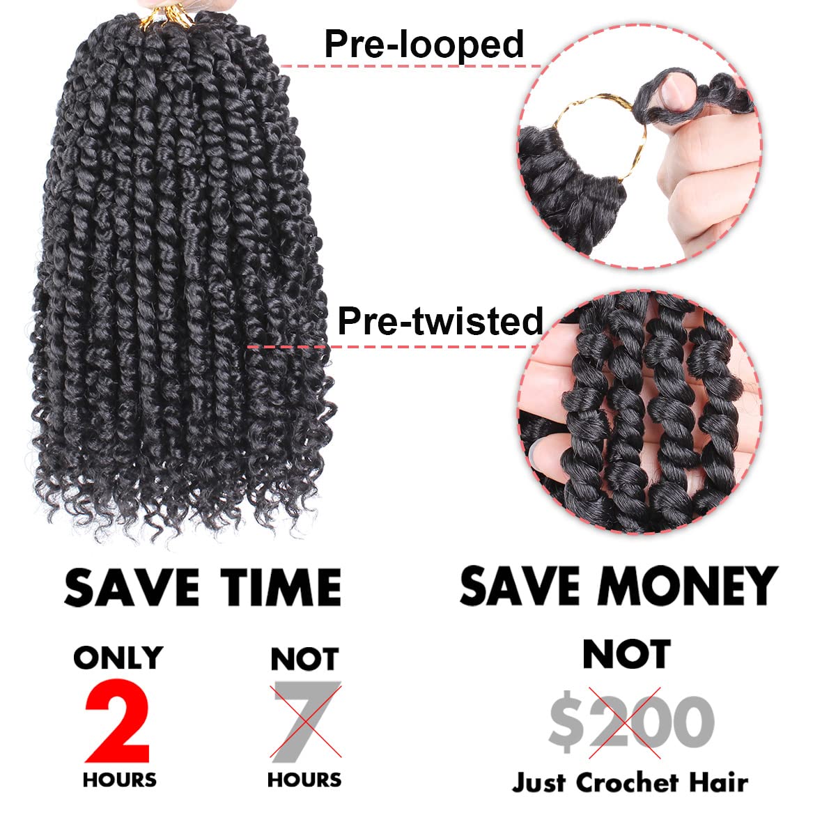 Leeven Paquete de 8 paquetes de cabello de ganchillo pret wisted Passion Twist de 10 pulgadas, color negro natural, extensiones de cabello corto