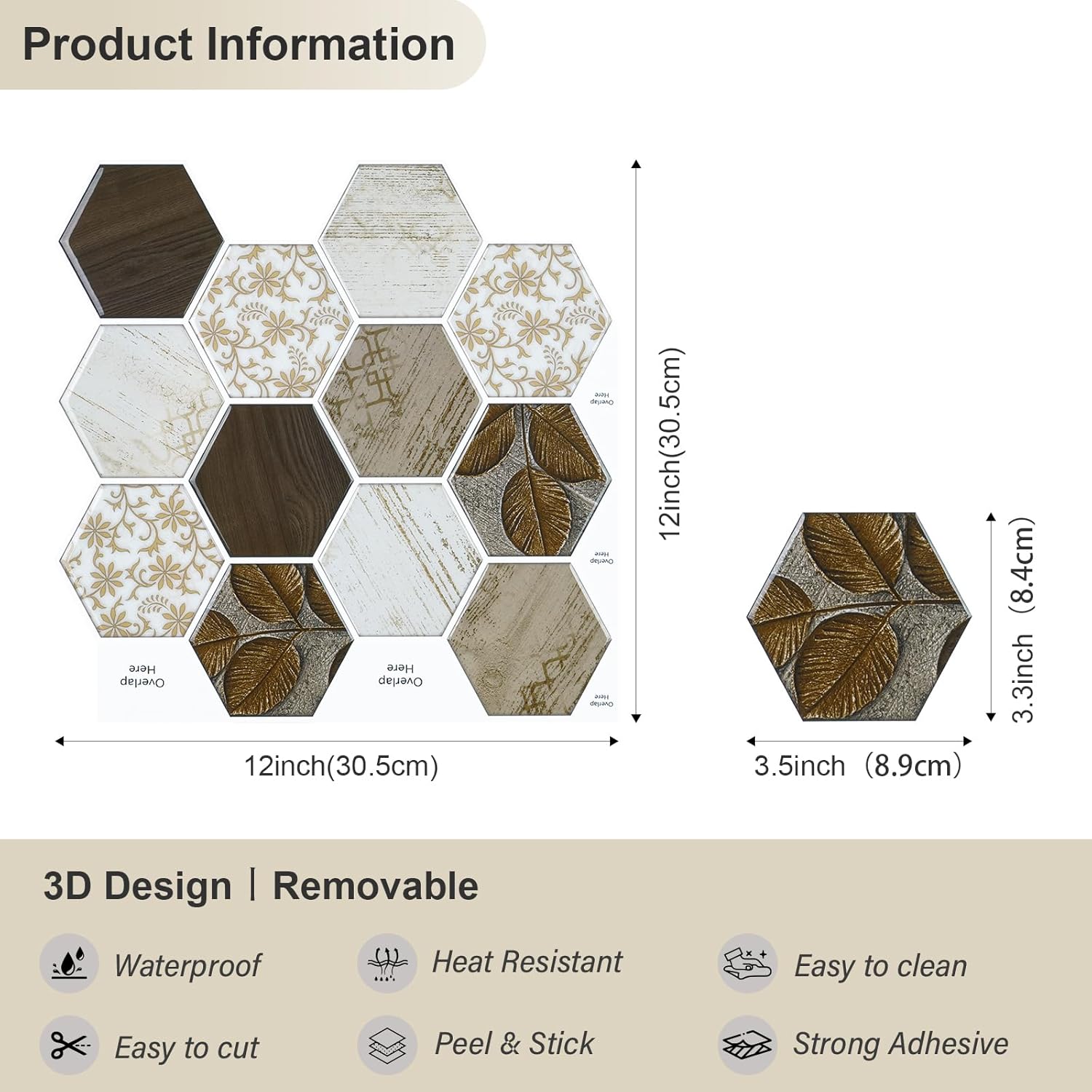 VaryStyle 18 hojas de azulejos hexagonales para salpicaduras de cocina, 12 x 12 pulgadas, azulejos de pared 3D bohemios florales 3D, removibles,