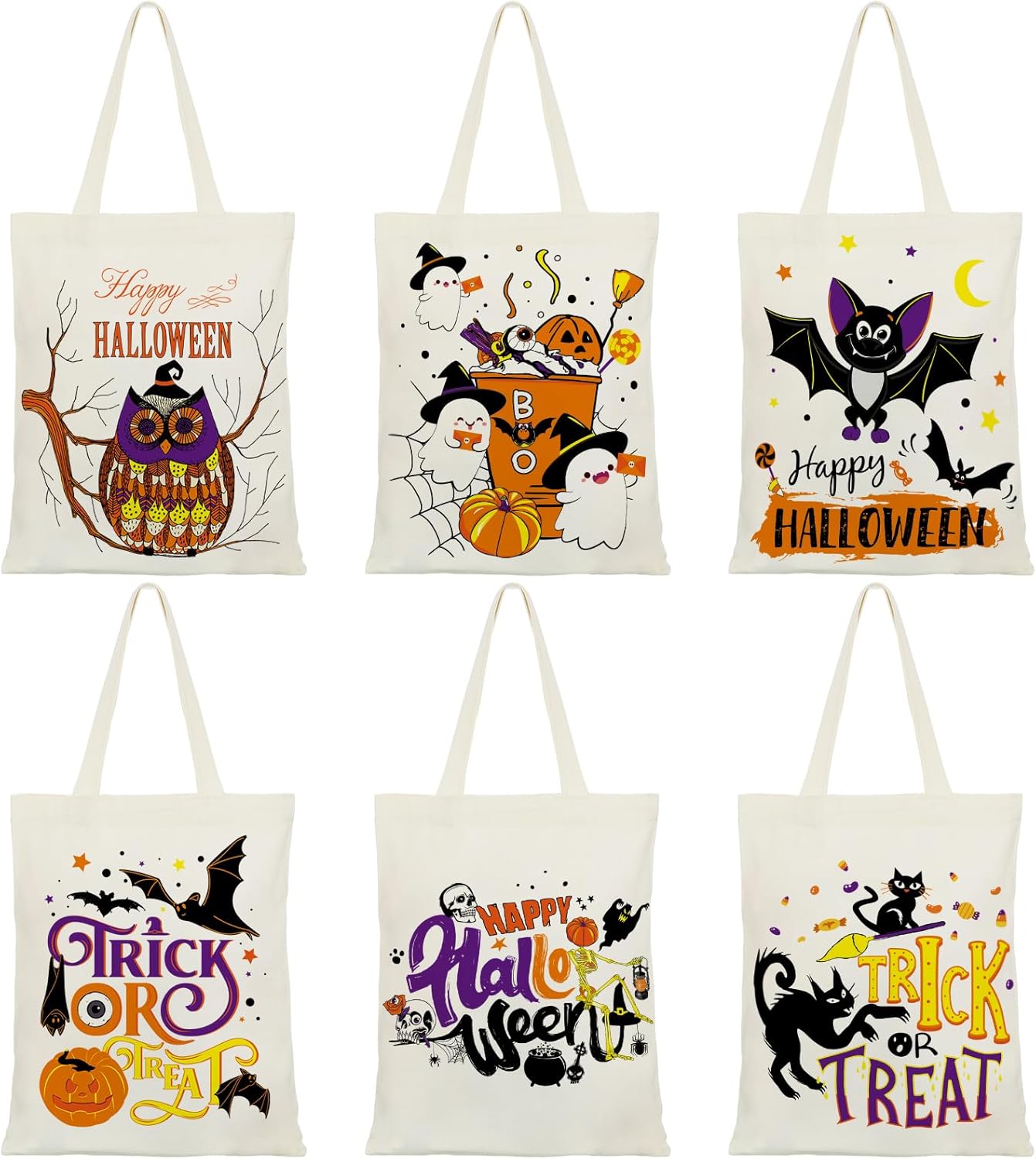 6 bolsas de lona de Halloween a granel reutilizables para dulces, bolsa de compras grande para Halloween, bolsas de truco o trato, diseño de