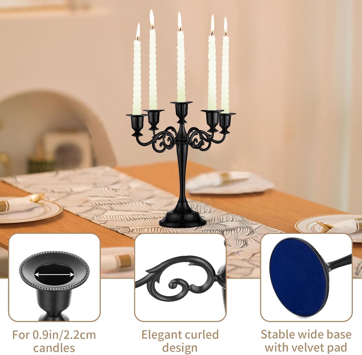 Sziqiqi Candelabro de Halloween – Portavelas de 5 brazos, soportes para velas cónicas para velas cónicas a la luz de las velas, cena, fiesta, boda,