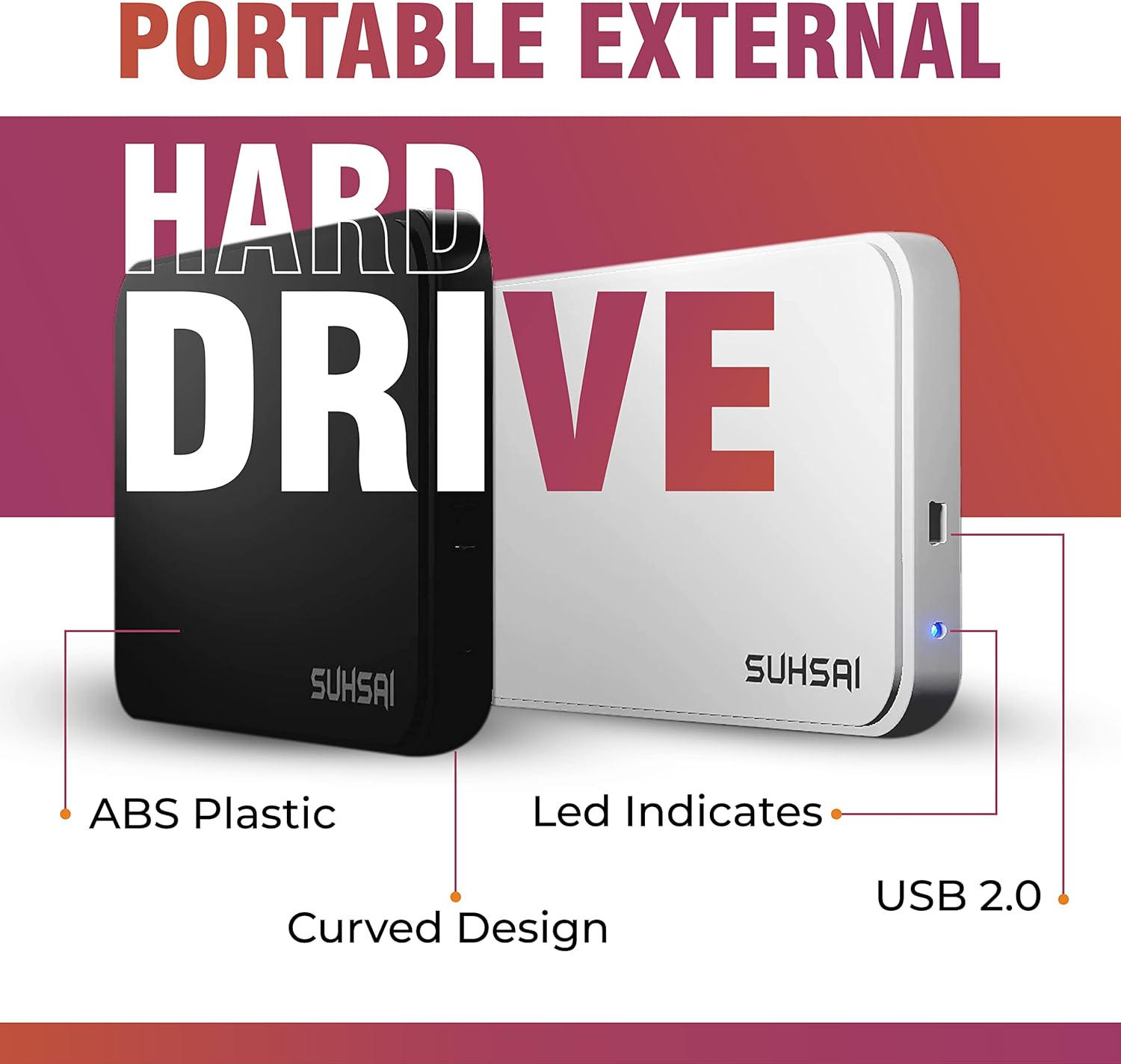 SUHSAI Disco duro externo USB 2.0, almacenamiento y respaldo de disco duro portátil, expansión de memoria  Ultra delgado 2.5 pulgadas HDD compatible