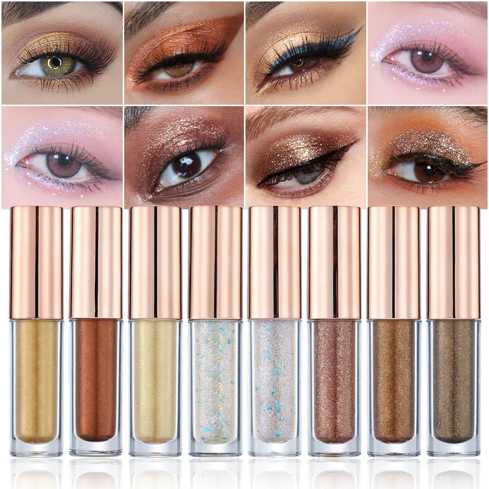 evpct Juego de 8 sombras de ojos líquidas con brillantina, blanco perla, plata, luz oscura, rosa, desierto, moca, beige, marrón, dorado, brillante,