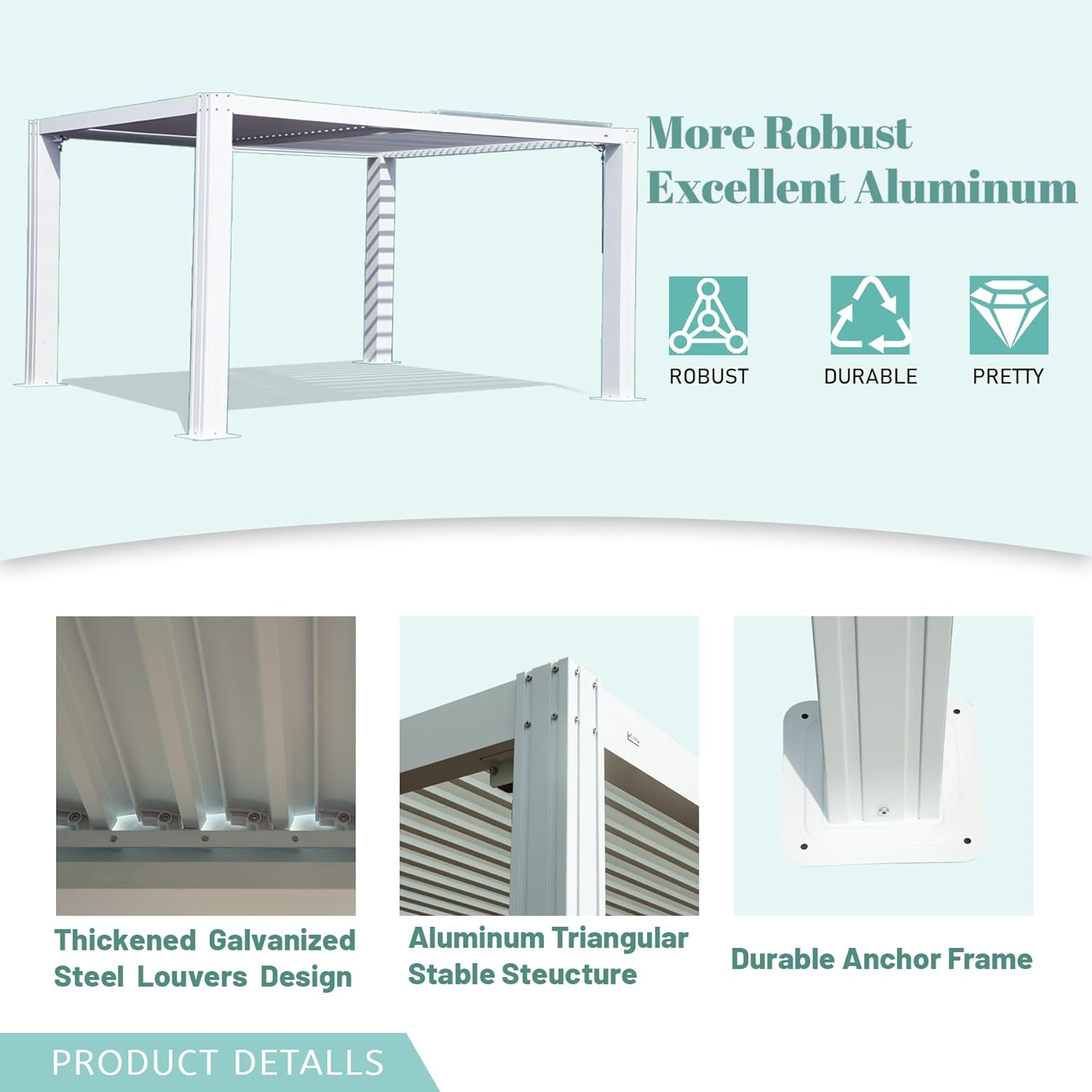 Domi – Pérgola con listones de 12 x 16 pies, pérgola impermeable de aluminio para exteriores, con techo ajustable para patio trasero, jardín y