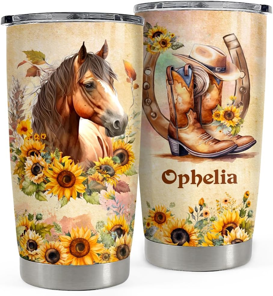 SANDJEST Vaso personalizado de acuarela de caballo de 20 onzas, 30 onzas, vasos aislados con tapa, taza de viaje para café, taza para mujeres y