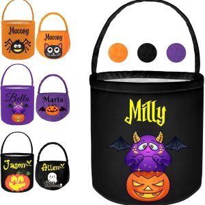 Cubo de Halloween personalizado con nombre, 12 patrones impresos, cestas de truco o trato para niños, cesta de fiesta de dulces personalizada para Cubo de Halloween personalizado con nombre, 12 patrones impresos, cestas de truco o trato para niños, cesta de fiesta de dulces personalizada para