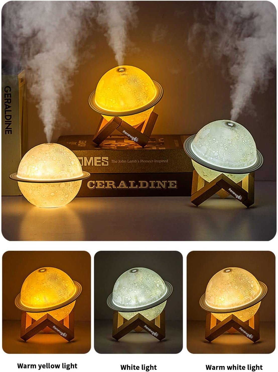 Renewgoo Lámpara de luna Difusor de aroma LED Luz nocturna Planetaria Saturno Anillos USB Mist Humidificador, Planetas, Espacio, Aire Moderno