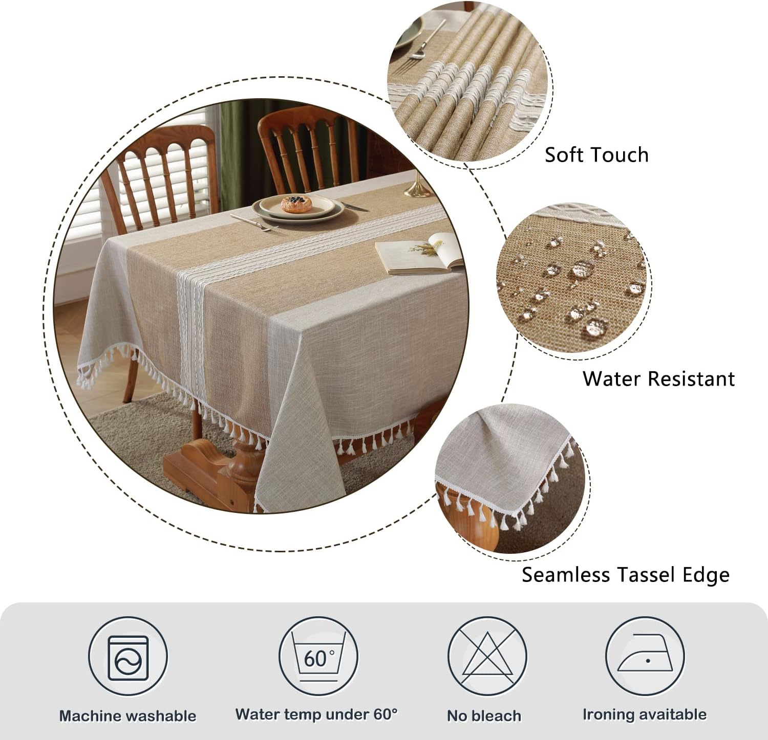 Laolitou – Manteles impermeables con borla cosida, de lino y algodón, sin arrugas, decoración para la mesa del comedor, fiestas, vacaciones,