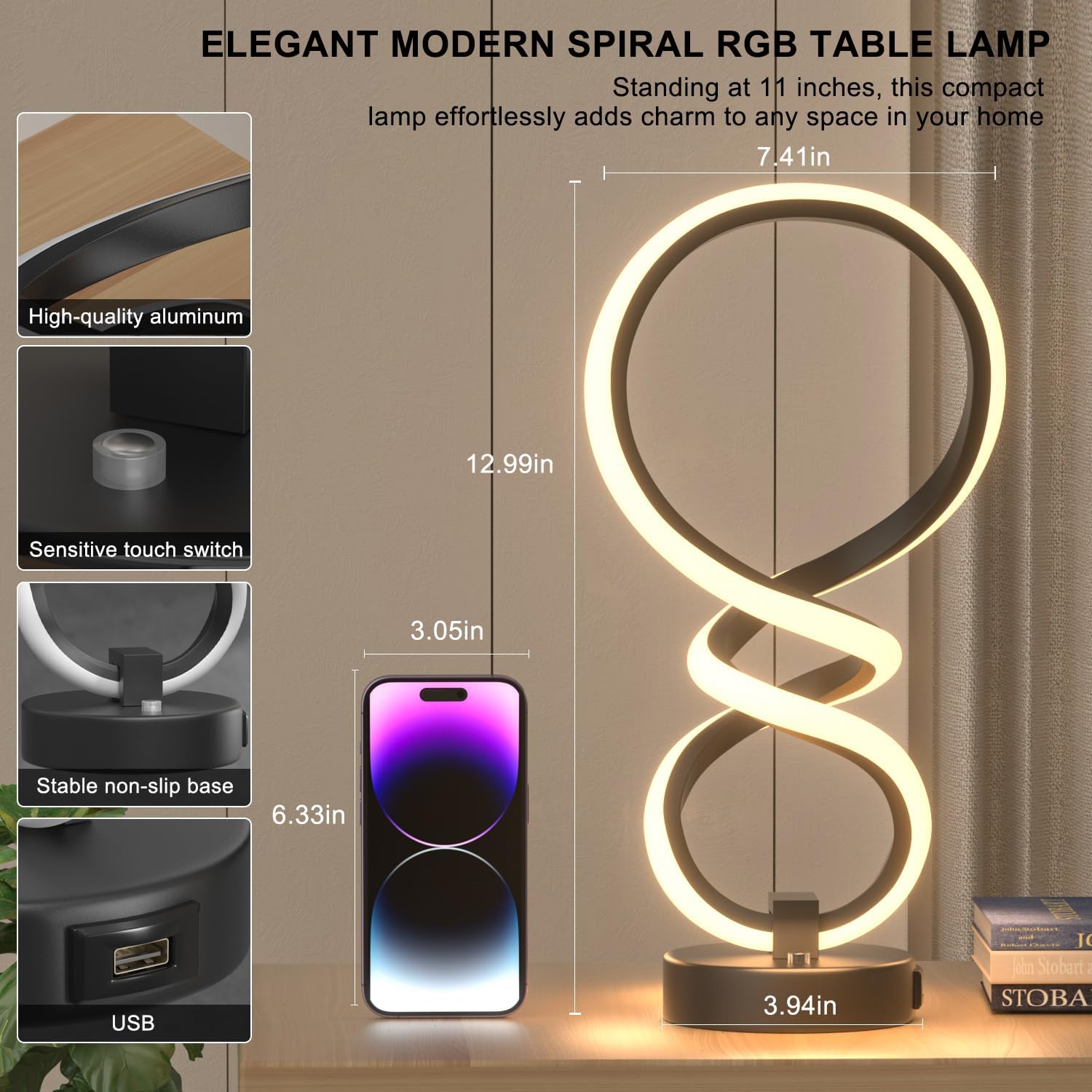 Lámpara de mesa LED moderna, 7 colores y 10 modos de luz, lámparas en espiral, lámpara de mesita de noche RGB regulable táctil con puerto de carga