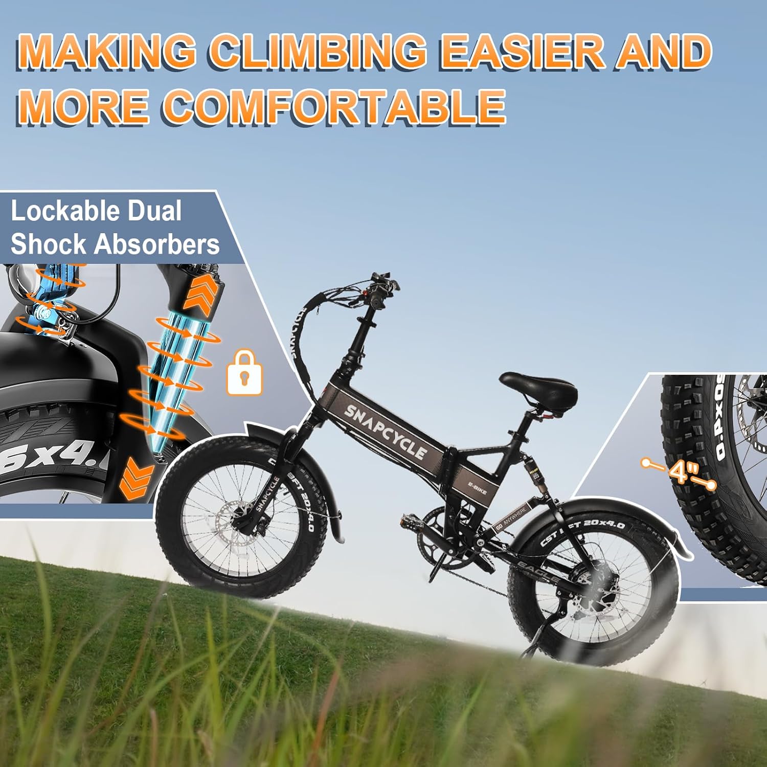Snapcycle Eagle – Bicicleta eléctrica plegable de 750 W para adultos, 28 MPH, 20 pulgadas, neumático grueso, batería extraíble Samsung, 48 V, 15 Ah,