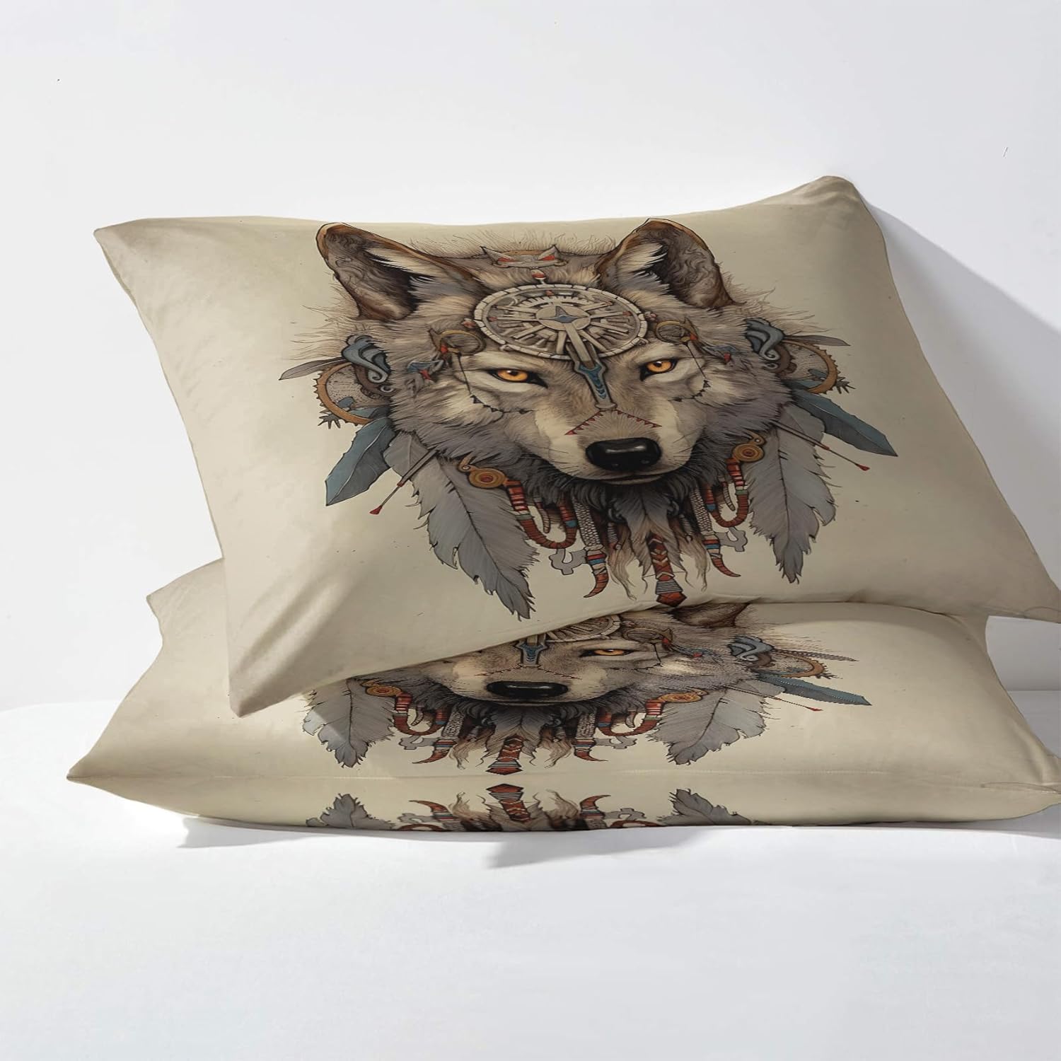 Sábanas de lobo tamaño Queen, sábanas de plumas atrapasueños, sábanas y fundas de almohada estampadas de 4 piezas, sábana bajera ajustable de
