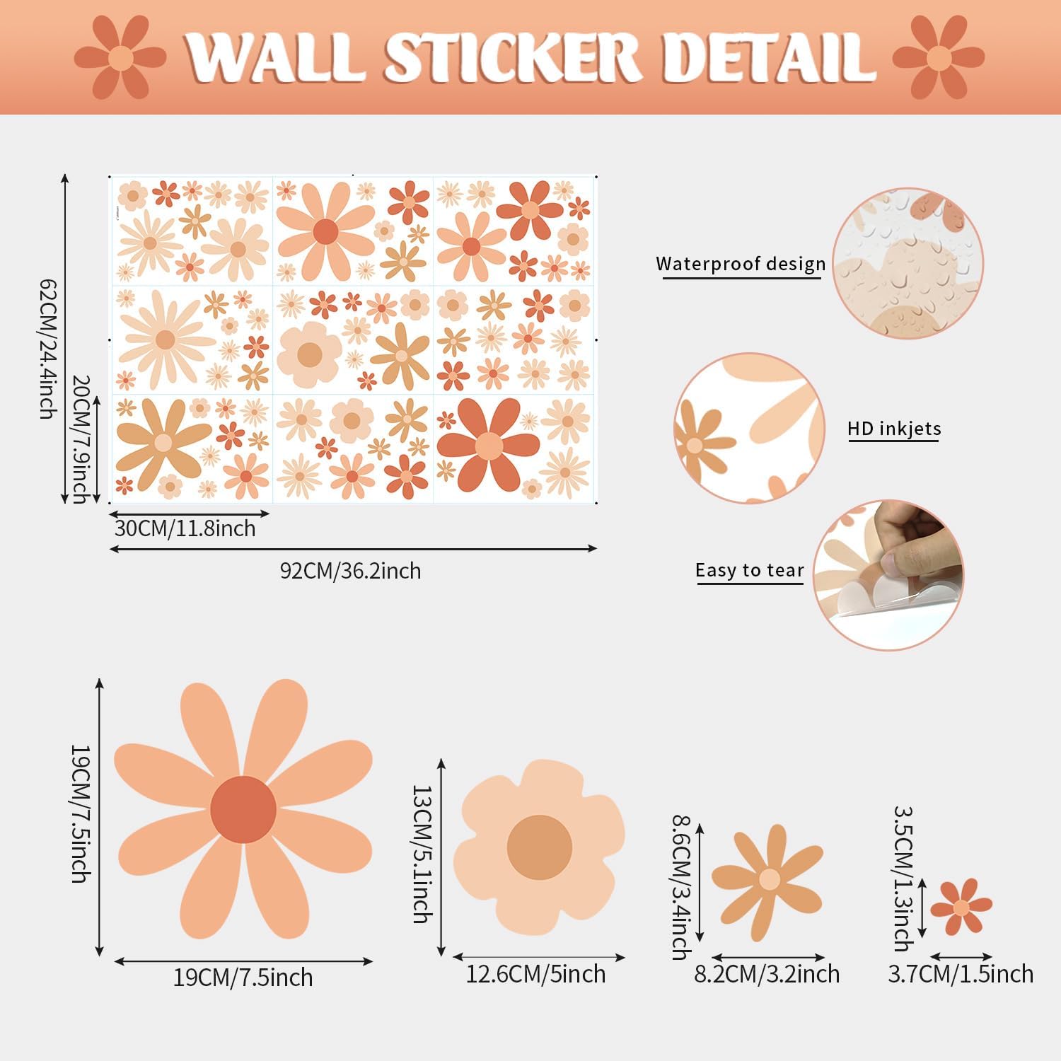 Calcomanía de pared de margaritas, calcomanías de pared de flores bohemias para dormitorio de niñas, calcomanías de decoración de pared para