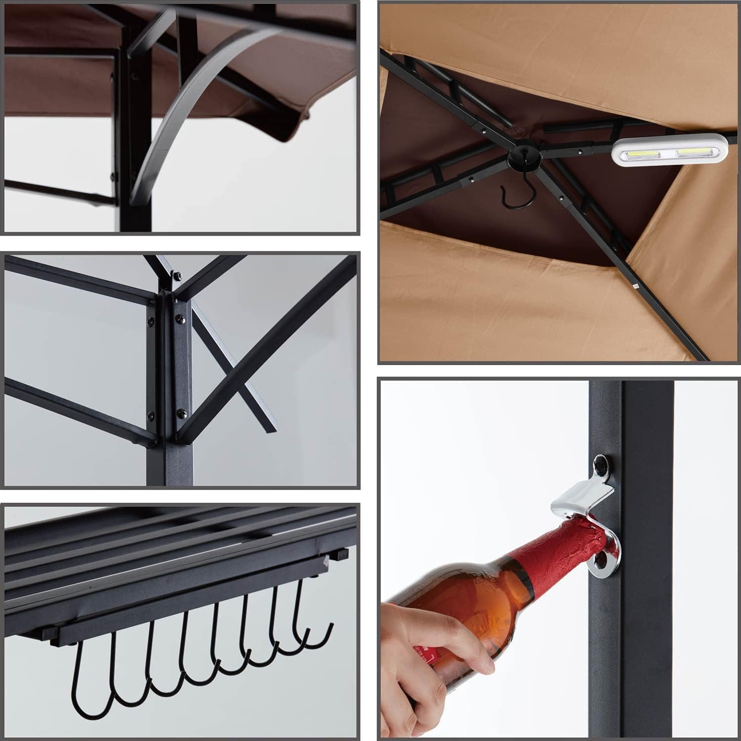 MASTERCANOPY Gazebo de parrilla de 8 x 5 pulgadas, toldo para barbacoa al aire libre con 2 luces LED (costura marrón caqui)
