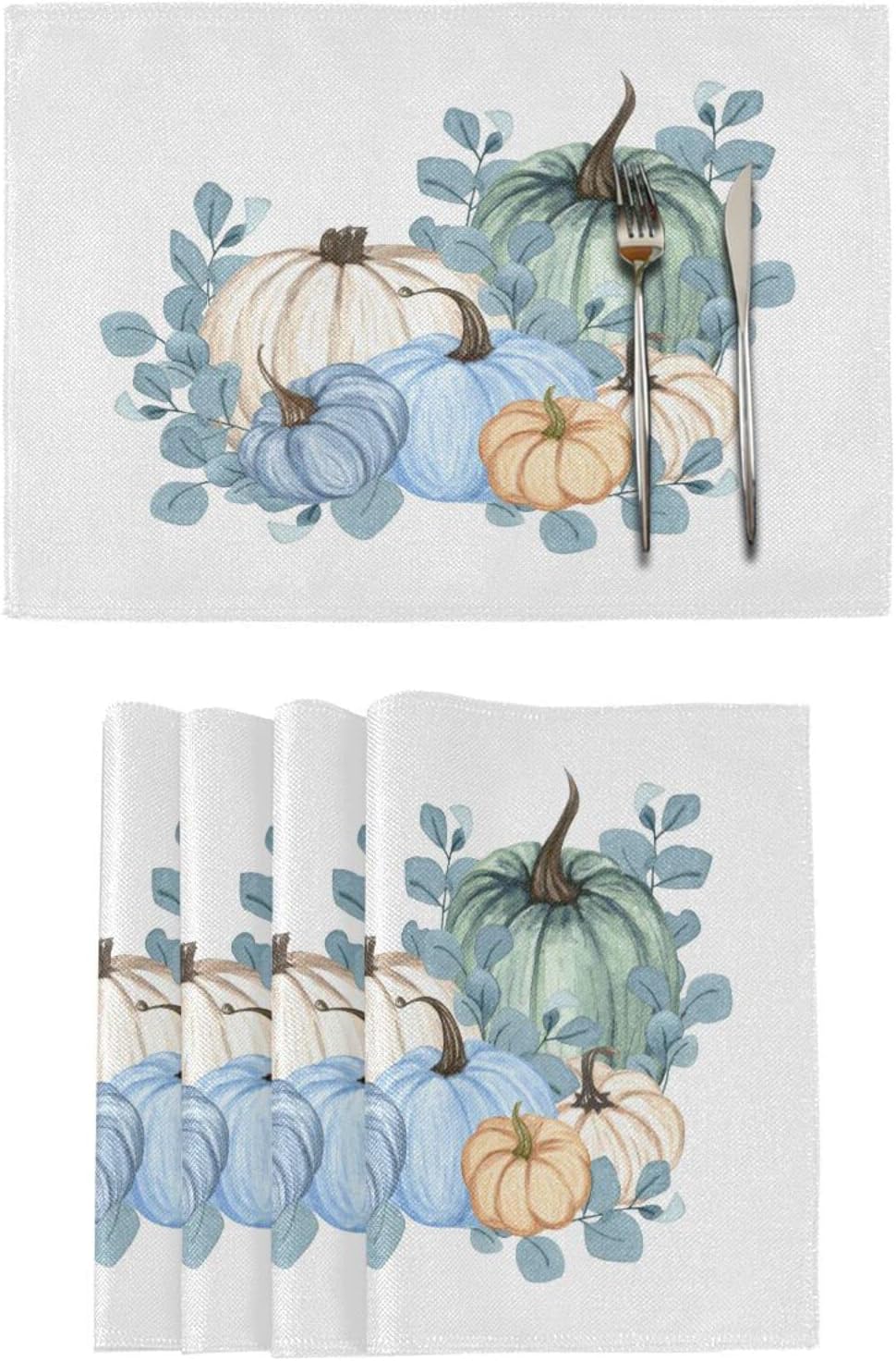 Juego de 6 manteles individuales de color azul calabaza de Acción de Gracias, acuarela, otoño, lavables, para cocina, mesa de comedor, resistentes
