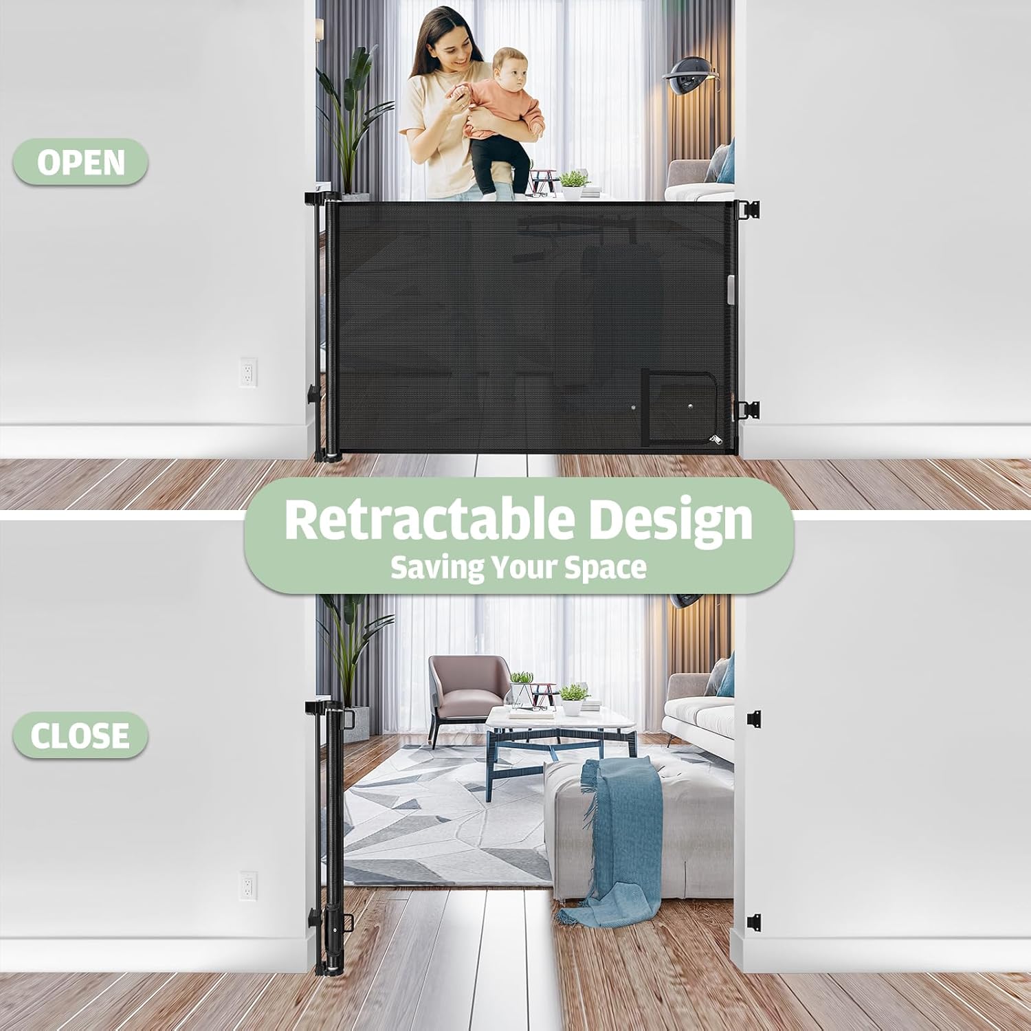 Puerta retráctil para bebé con puerta para gatos (55 pulgadas de ancho x 35 pulgadas de alto), puerta retráctil para perros con puerta para