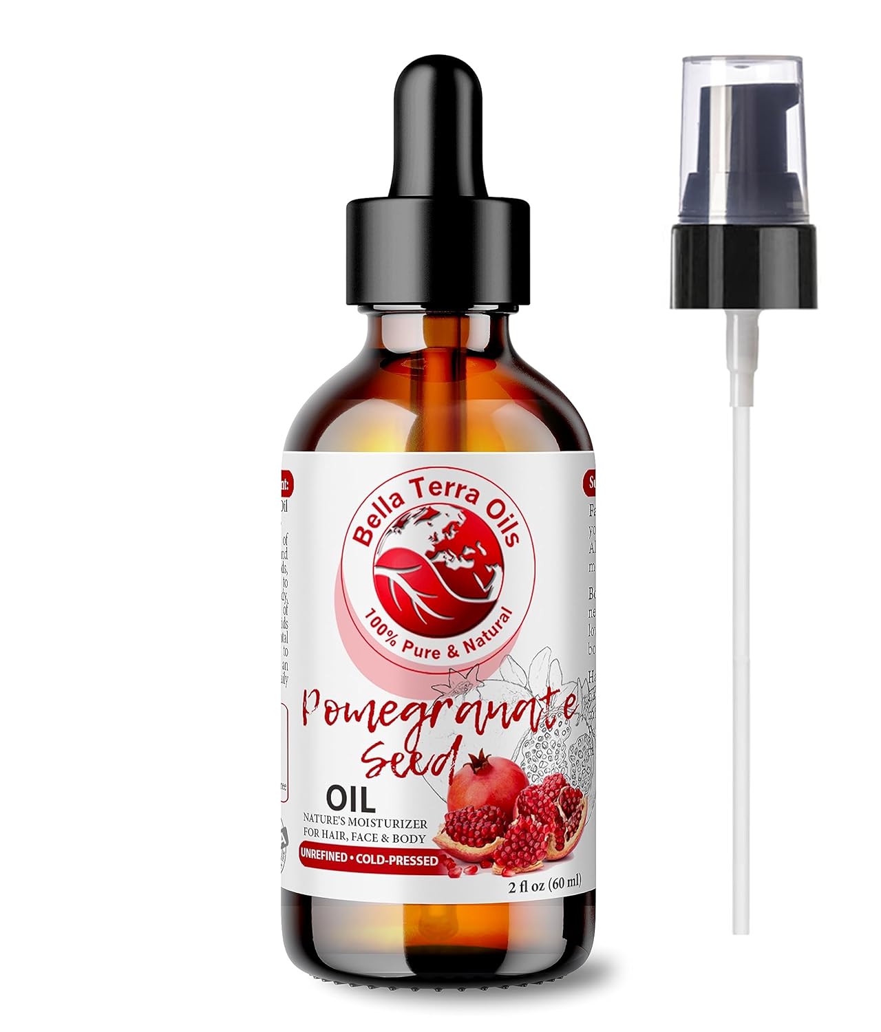 Bella Terra Oils Aceite de semilla de granada. 2oz. 100% puro. Prensado en frío. Sin refinar. Hidratante natural para cabello, piel, uñas, estrías